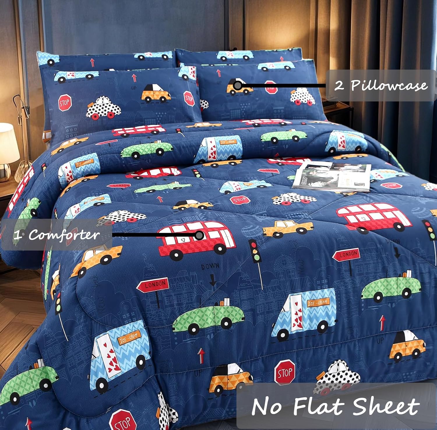 MAG 3Pcs Cartoon Car Comforter Set,Blue Cute Queen Comforter Set,Race Car Bedding,All Season for Toddlers Kids Boys Teens and Girls,Soft Microfiber,Queen Size.