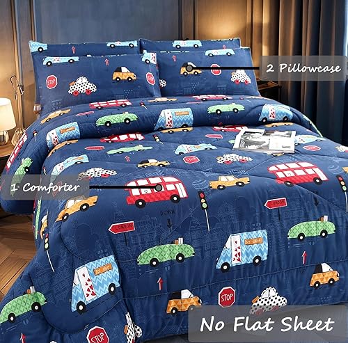 Miniatura 2 de MAG Juego de edredón de 3 piezas con diseño de caricaturas, bonito juego de edredón azul tamaño Queen, ropa de cama de auto de carreras, para todas