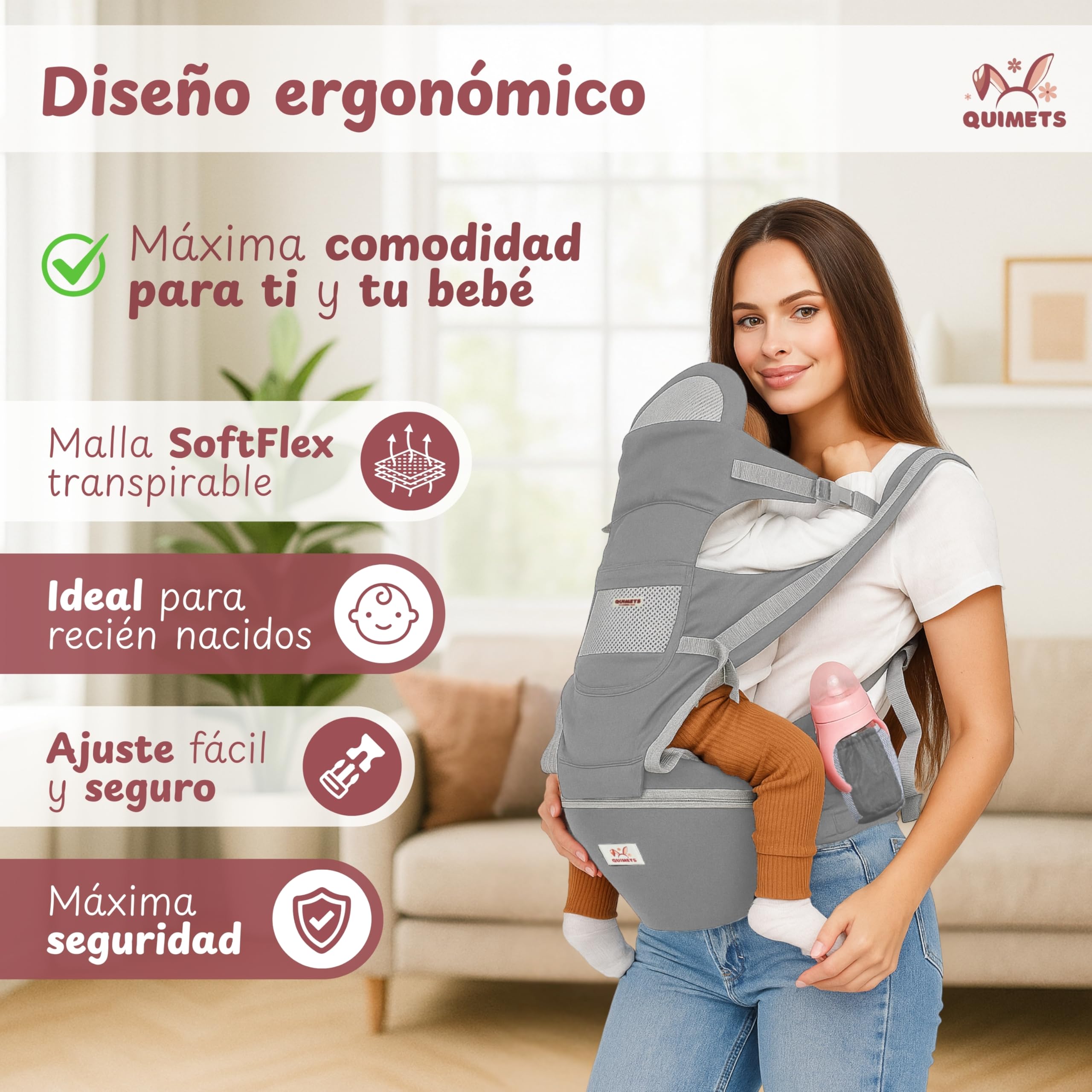 QUIMETS | Mochila Portabebés 6 en 1 Recién Nacido Transpirable y Ergonómica – Suave, Ligera e Ideal para Largos Paseos – Ajuste Cómodo para Mamá y Papá – Incluye Muselina de Regalo — view 2