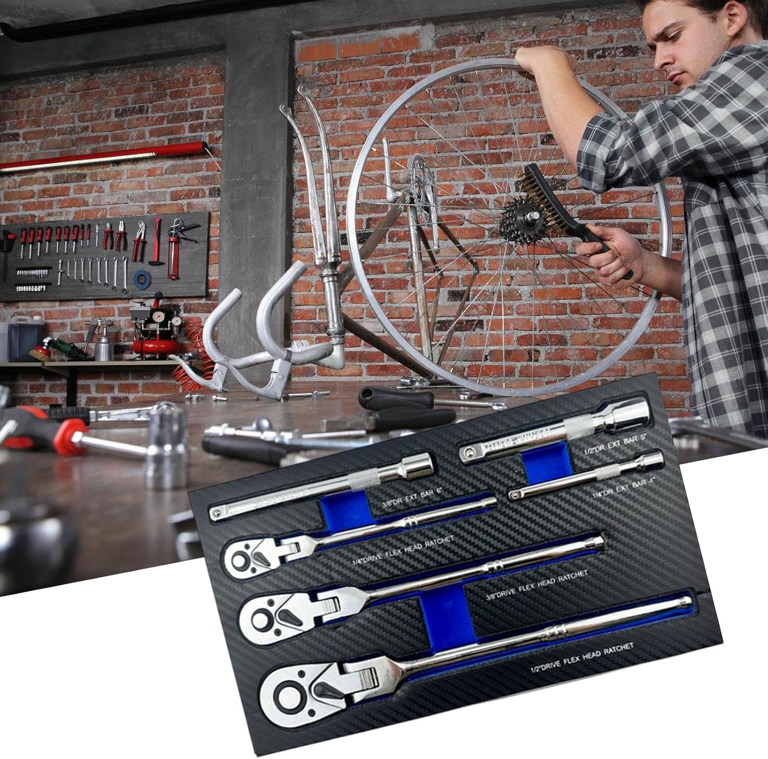 ラチェットヘッドレンチ6点セット 180度回転可能 &ndash; 狭窄空間用延長ロッド付きスチール工具 (6PCブルー)