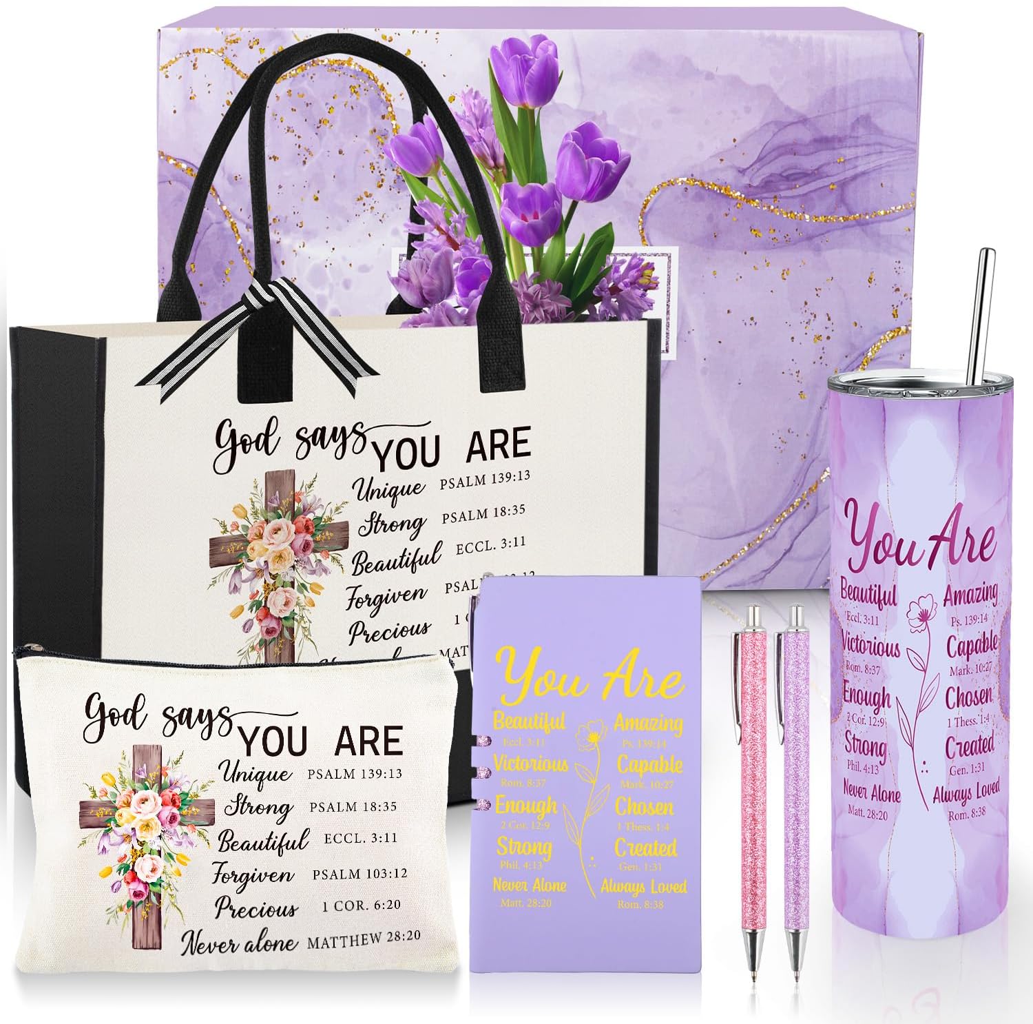 Christian Gifts for Women Faith, Religious Inspirational Spiritual Presents for Women Mom Wife Sisters Friends, Catholic Birthday Valentines Day Gifts with Christian Tumbler Canvas Tote Bag Makeup Bag