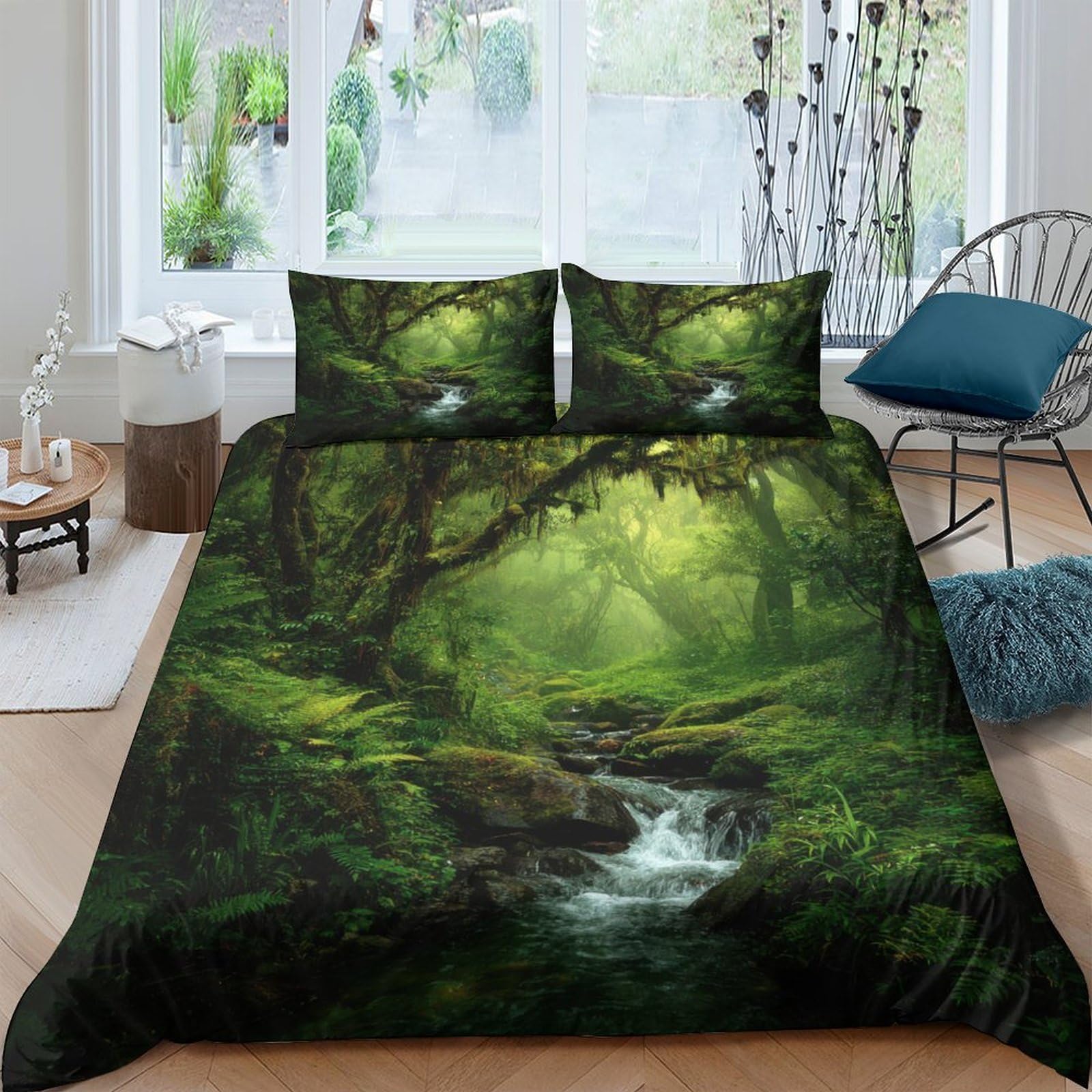 Ctjqhvkz Style-5 3D Printed Forest Stream Fitted Sheet Microfiber Soft Scenic Woods Mattress Cover For Bedroom Dorm Guest Room Decor Mattress Protection Single（135X200cm）