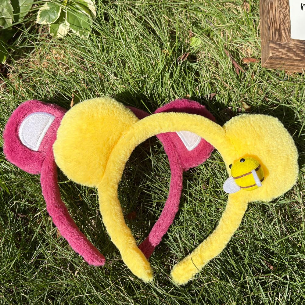 Plush Bear Ears Headband 2 Pcs – Yellow/Rose Red Ears for Birthday Party Gifts and Photo Props for Kids and Adults. Cute Accessories for Cosplay, Parties, and Makeup.
