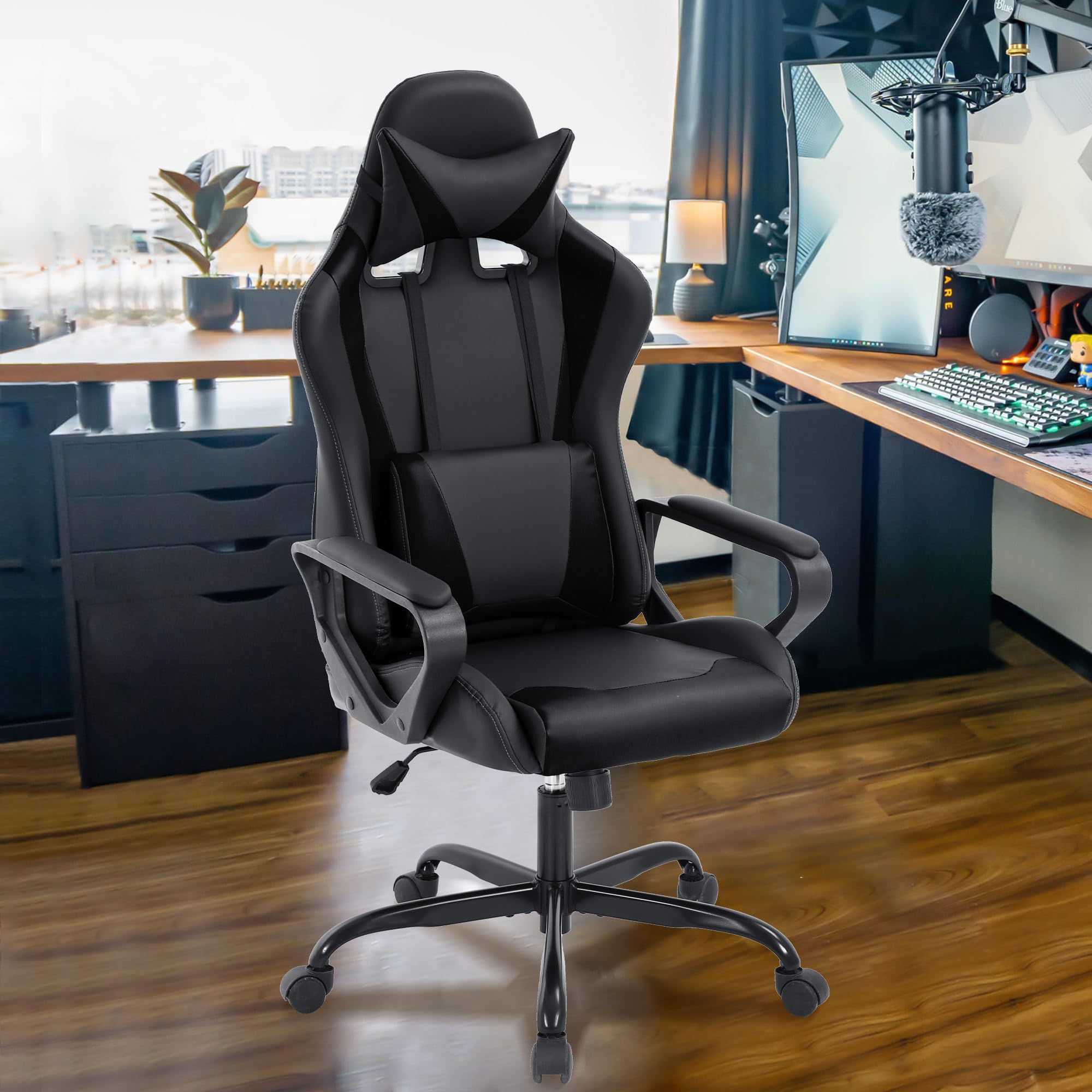 Gaming Chair, High Back PU Leather Gaming Chairs Computer Chair with Armrest Headrest and Lumbar Support for Kids Teen Adults Men Women, Height
