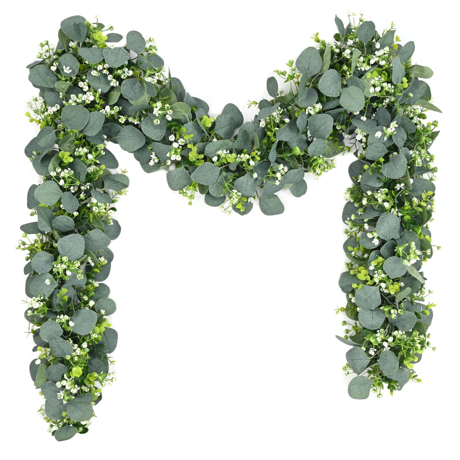 2pcs Guirnaldas Artificiales de Eucalipto preservado con Hojas de Sauce Hojas Verdes Guirnalda de Flores Blancas Colgante Planta Artificial para Decoración de Fondo Boda Camino de Mesa Central