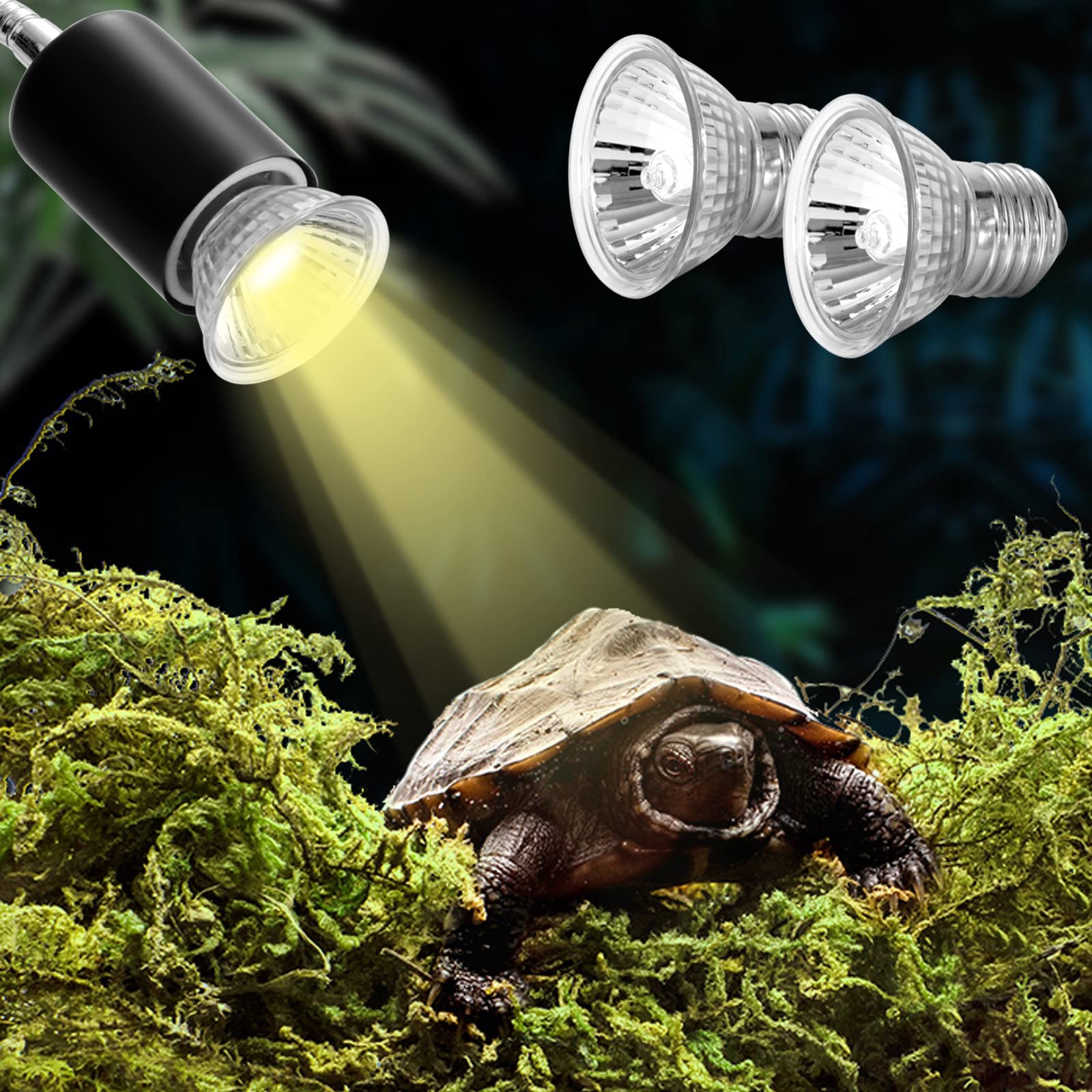 Lámpara para Tortuga Lampara de Calor Lámpara para Reptiles Temperatura Ajustable 360°Giratoria con 2 Bombilla UV Reptiles 25W 50W UVA UVB Luz Solar Lampara Tortuga Lagartos Serpientes