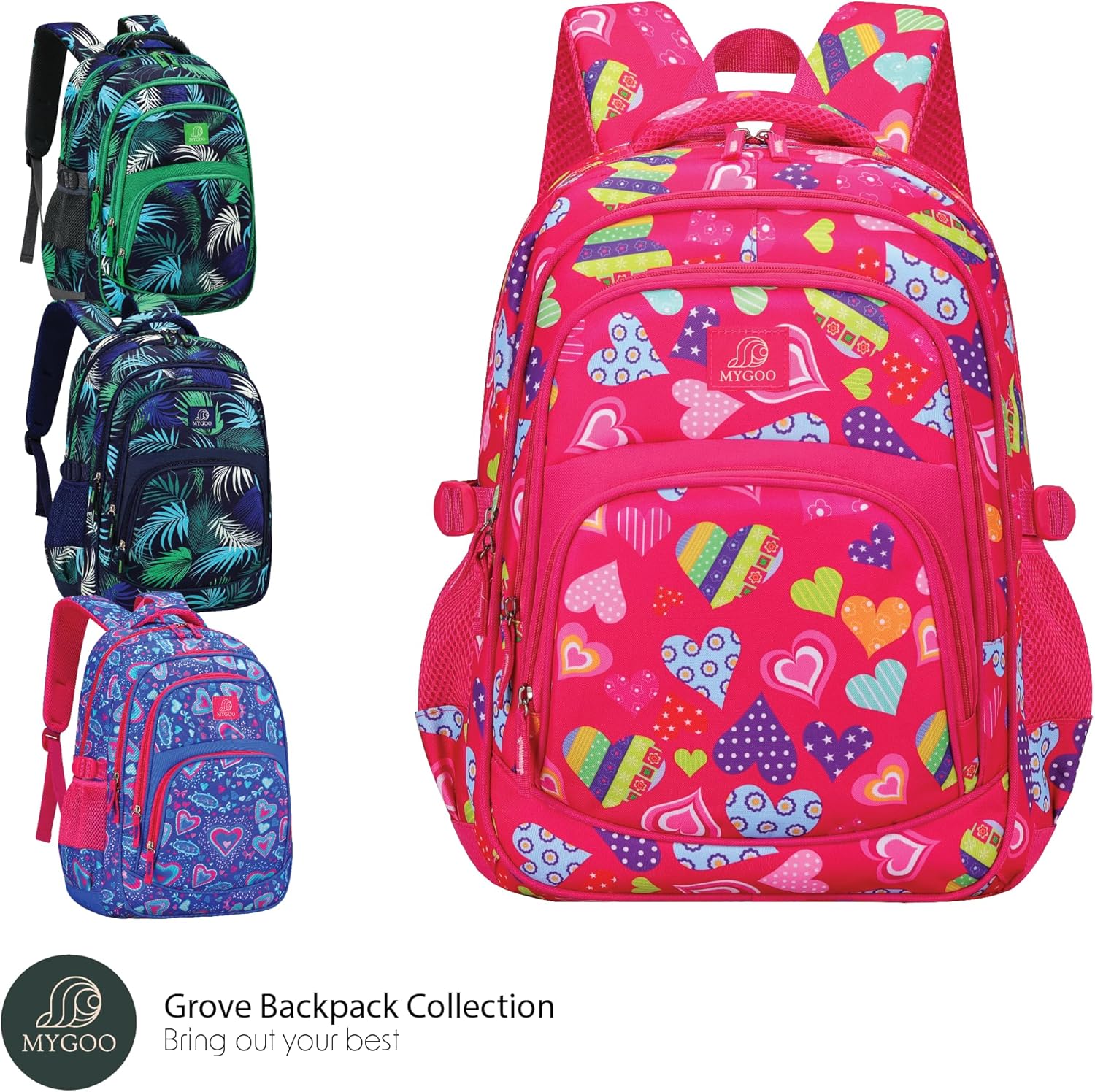 MYGOO Tropical Kids Backpack for Girls | 17" Heart Magenta | Grove Collection for School-Aged Children