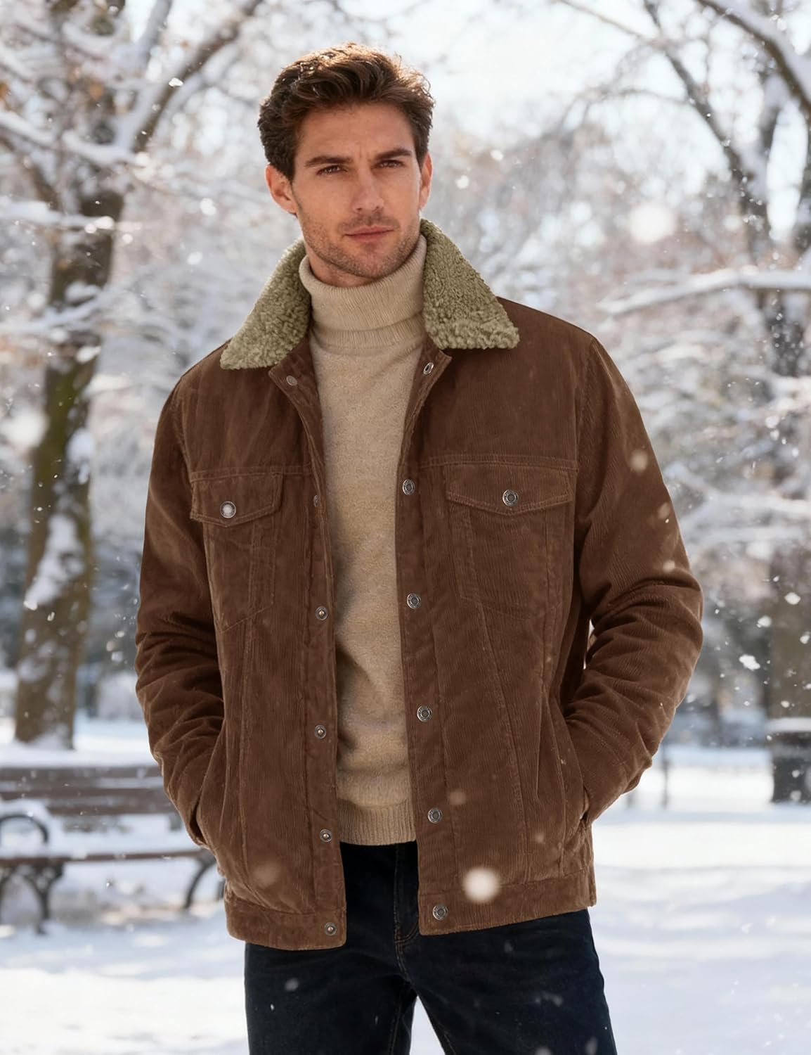 MAGNIVIT Men's Corduroy Fleece Cargo Jacket Winter Snap Button Lapel Sherpa Lined Trucker Cowboy Coat with 5 Pockets - Image 3