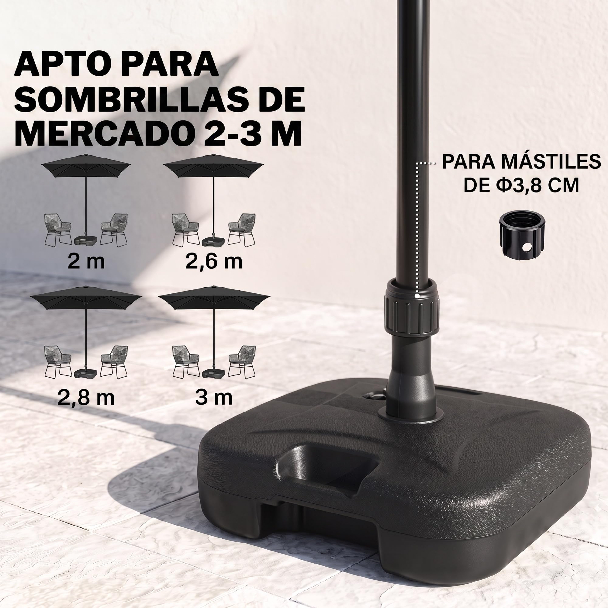 Outsunny Base de Sombrilla Parasol de Playa Pies Soporte de Sombrilla Patio Jardín Lleno de Agua de 20 kg y Arena de 30 kg 46x45x26cm HDPE Negro