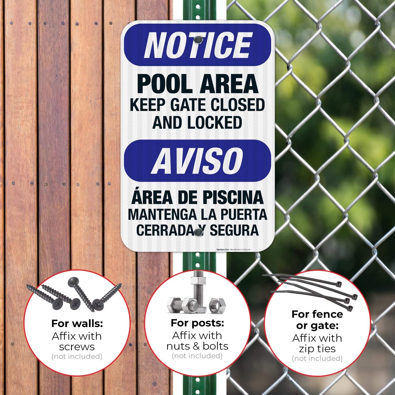 Pool Area, Keep Gate Closed and Locked Sign, Bilingual English Spanish, 12x18 Inches, 3M EGP Reflective .063 Aluminum, Fade Resistant, Easy Mounting, Indoor/Outdoor Use, Made in USA