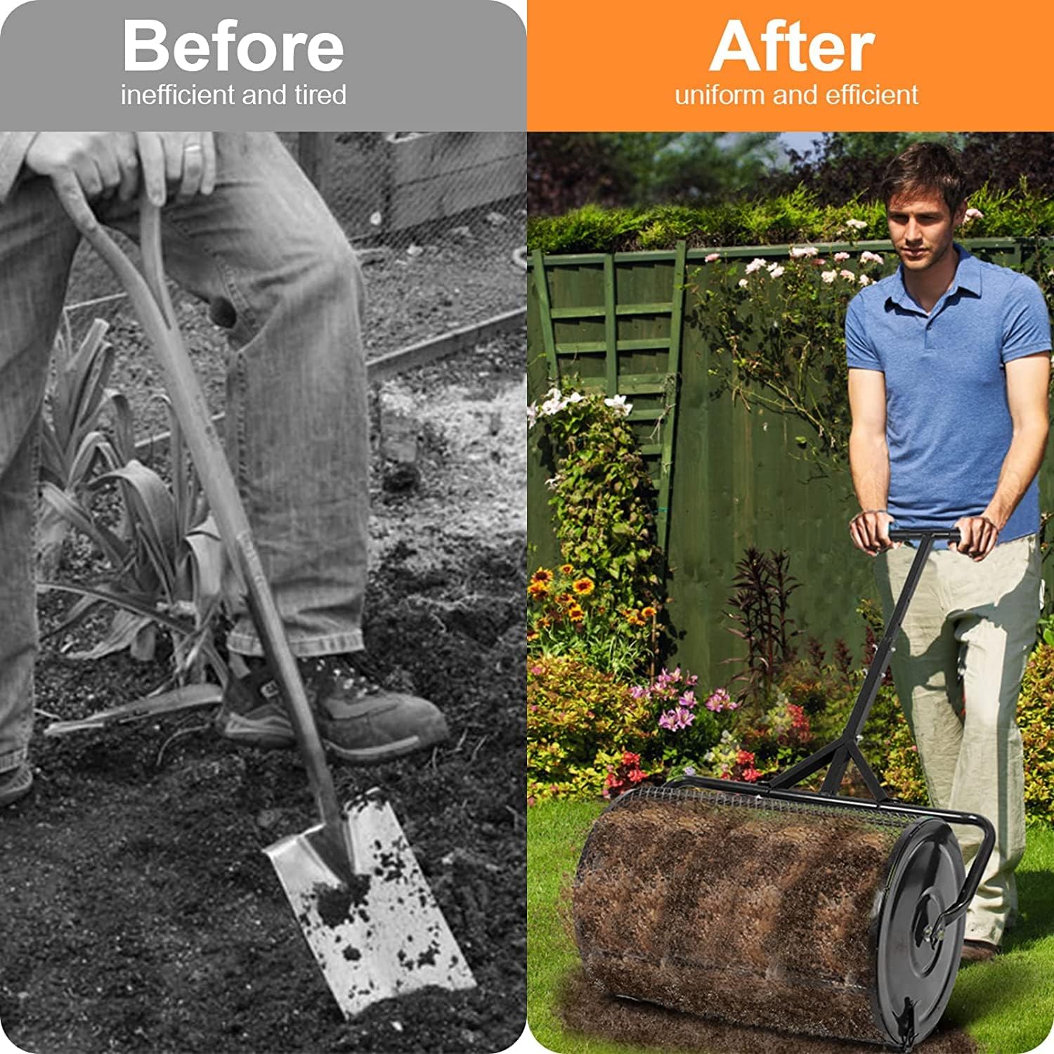 24” Compost Spreader Peat Moss Spreader, Lightweight Metal Mesh Manure Spreader with Adjustable T Shaped Handle for Planting & Seeding, Fertilizer Spreaders for Lawns & Garden