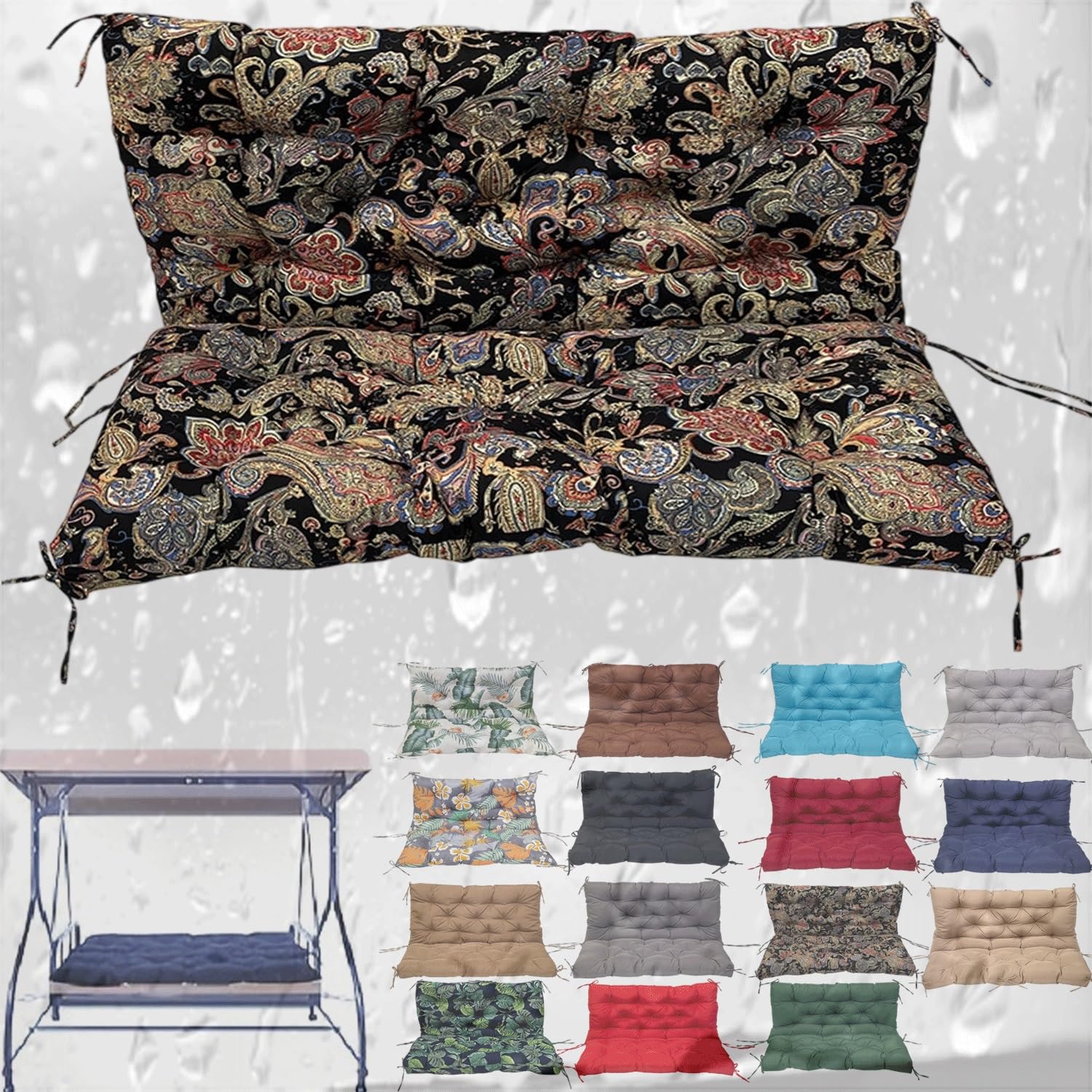 SDNAM Swing Cushion Replacement with Backrest,Outdoor Porch Waterproof Bench Cushion with Ties 2-3 Seater Washable Bench Cushions for Outdoor Patio Porch Swing Cushions(@11,100X100CM/39X39IN)