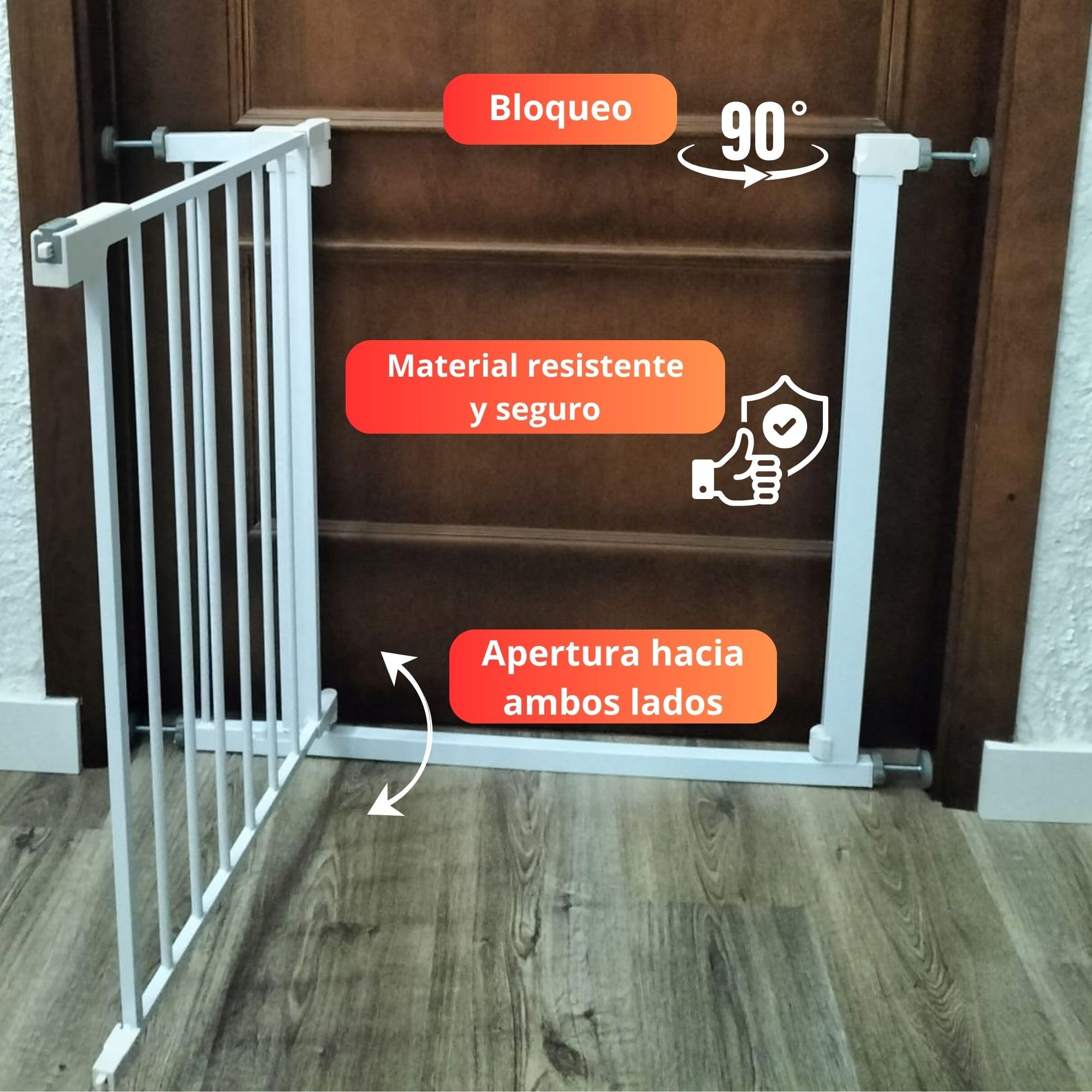 Barrera de Seguridad para Bebés y Mascotas, Ajustable 75-82 cm Extensible hasta 108 cm, Acero Blanco, Valla Escalera y Puerta sin Taladro, Cierre Automático, Apertura 1 Mano, Doble Seguridad