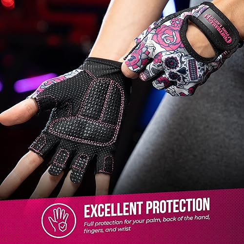 Miniatura 5 de Contraband Pink Label 5237 - Guantes de entrenamiento de diseñador para mujer, estampado de calavera de azúcar y acolchado Grip-Lock (rosa, L)