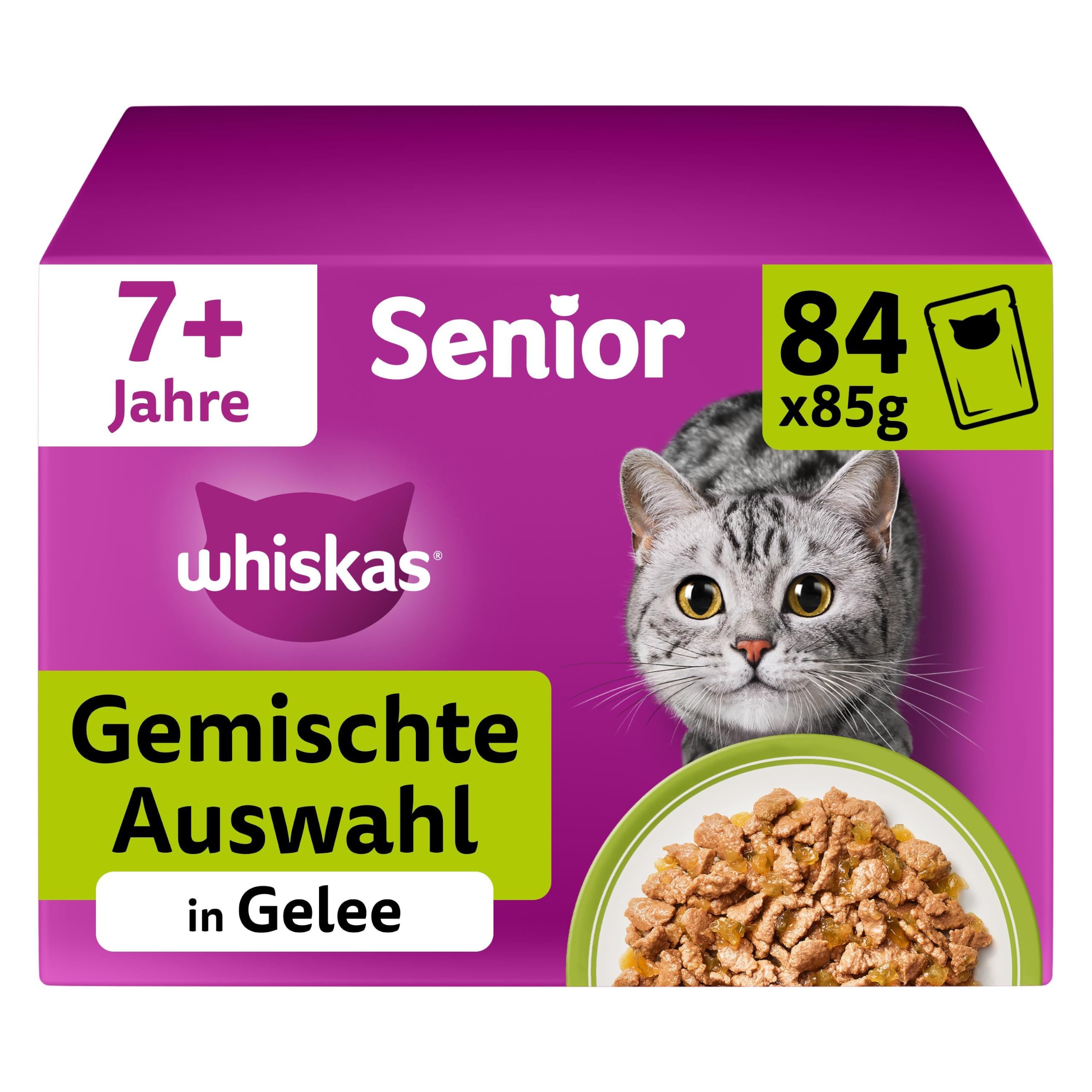 Whiskas Senior 7+ Katzennassfutter Gemischte Auswahl in Gelee, 84 Portionsbeutel, 84x85g (1 Großpackung) – Hochwertiges Katzenfutter nass, für Katzen ab 7 Jahren und älter