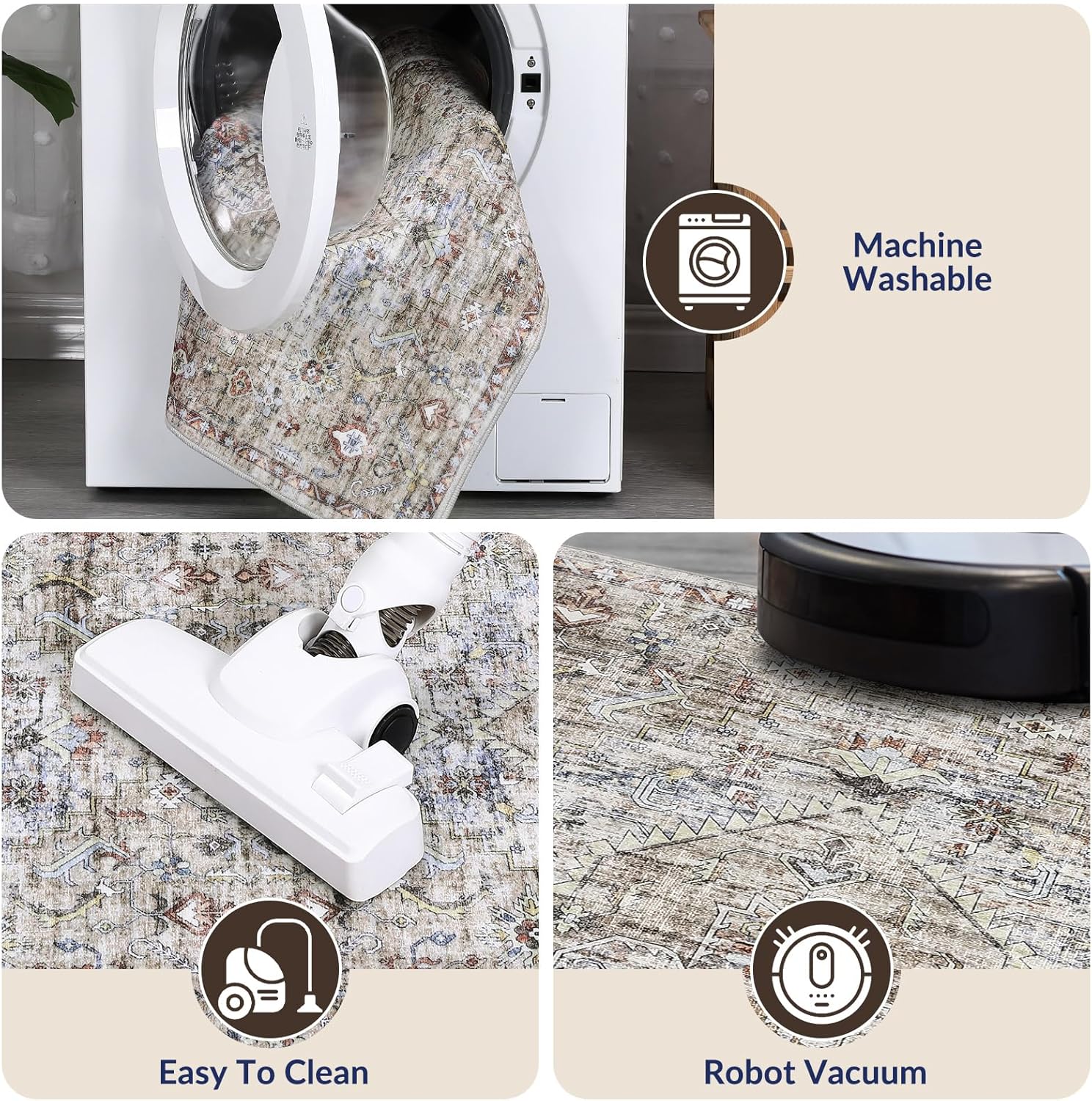 Garvee Washable 9x12 Brown Vintage Rug for Living Room Bedroom Large Traditional Low Pile Soft Carpet Non-Slip Thin Retro Distressed Accent Throw Rug Floral Print Carpet for Dining Room Office Kitchen