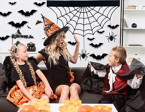 Miniatura 7 de Decoración de pared de telaraña de fieltro para Halloween, murciélagos 3D, decoraciones de Halloween con 48 piezas de 4 tamaños, decoraciones de