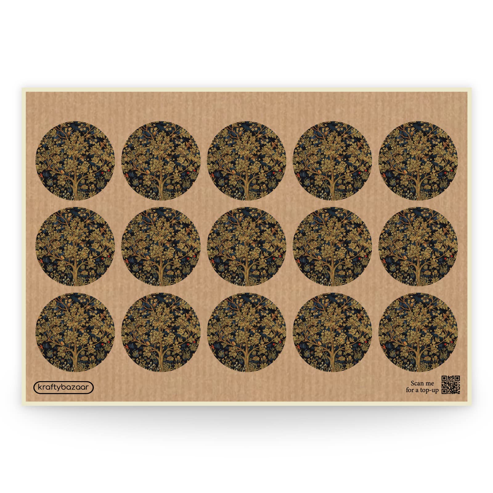 William Morris Tree of Life Paper Labels, 37mm Self-Adhesive Stickers, Multipack Stationery Craft Decor Labels (Kraft Paper Labels, Pack of 540 Labels)