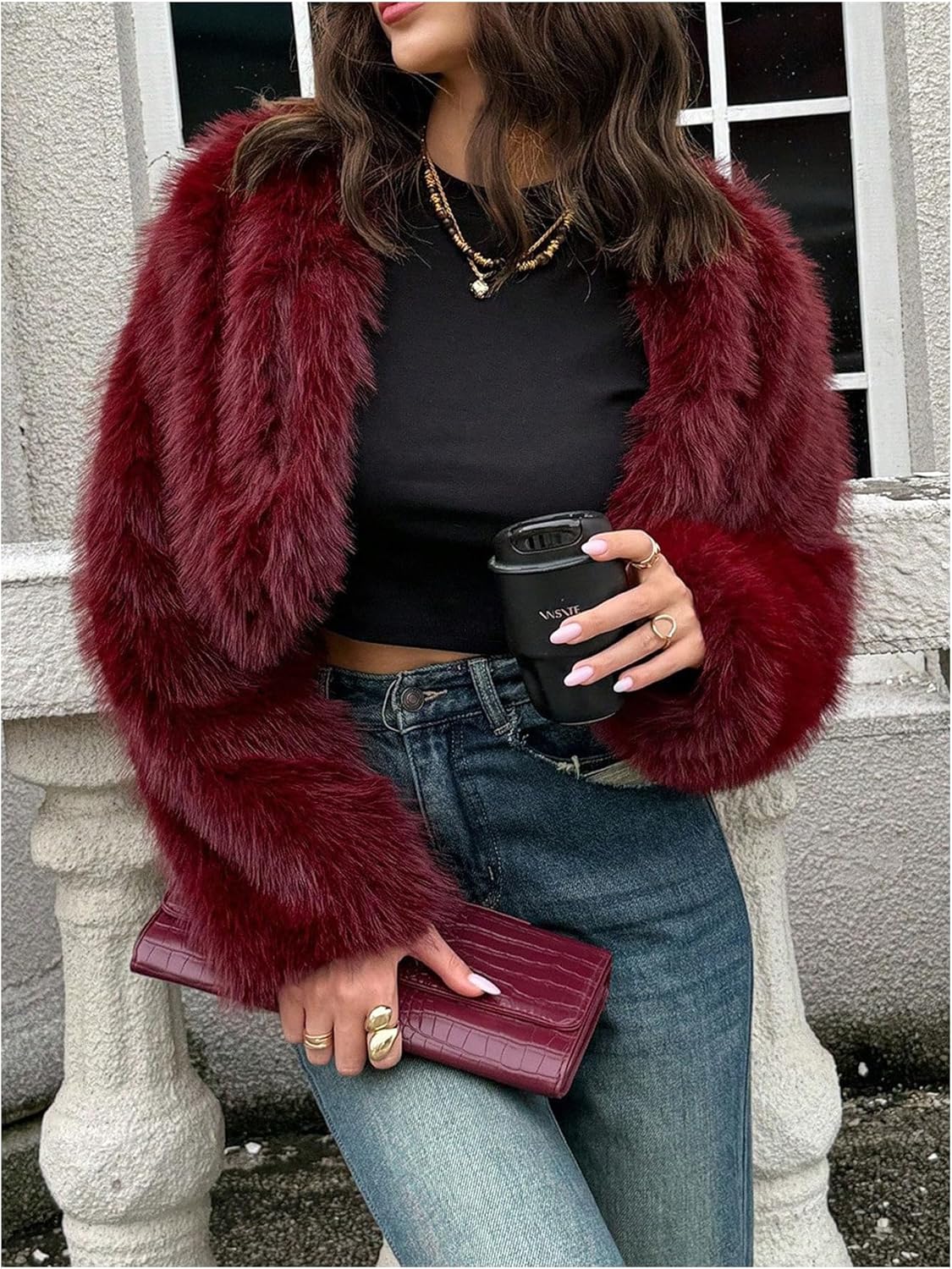 Verdusa Women's Faux Fur Coat Furry Fuzzy Open Front Cropped Jacket Fall Winter Clothing - Image 6