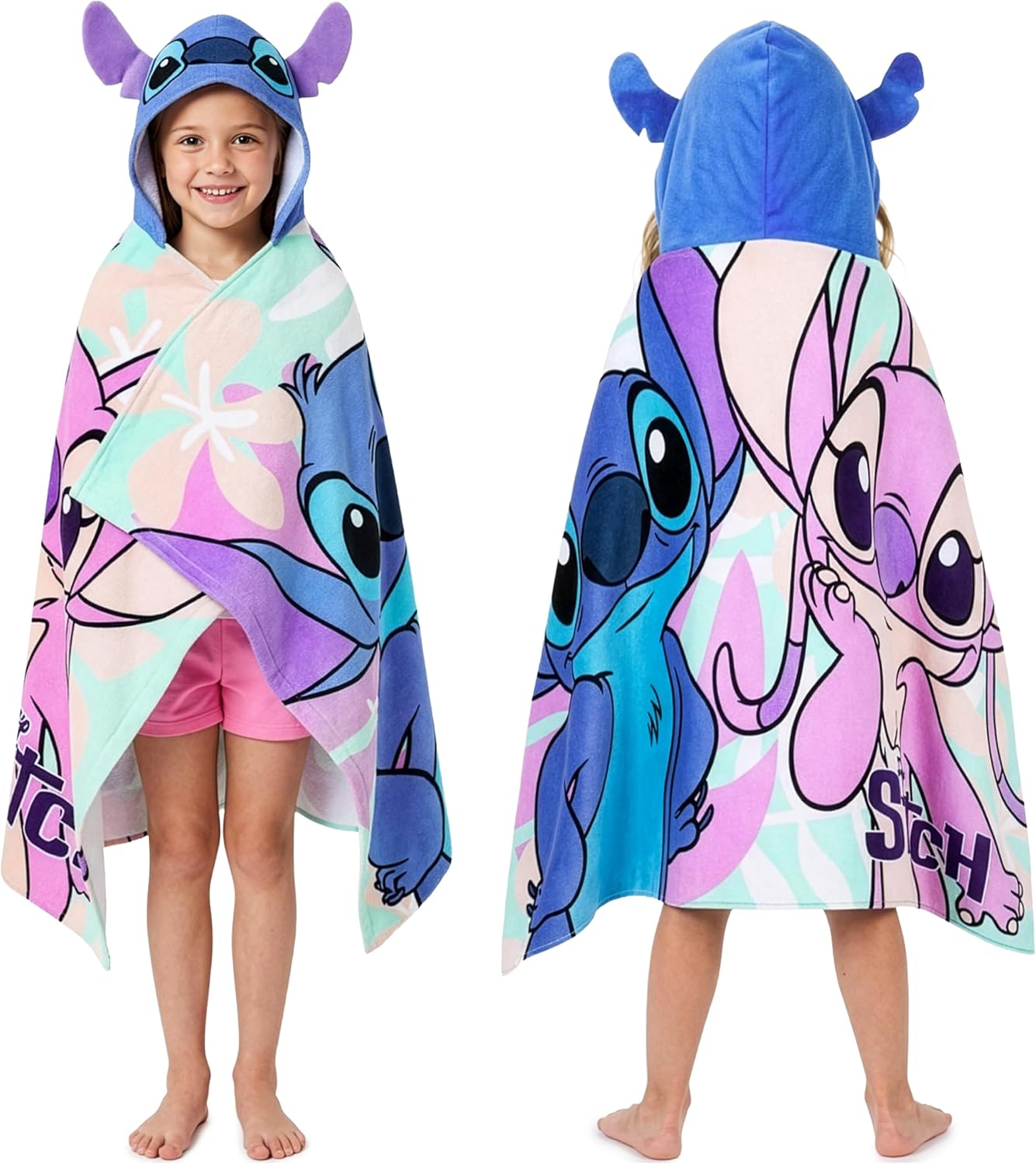 Disney Stitch Bath Towel with Hood for Kids Teenagers Absorbent Cozy Poncho Hooded Beach Towel Wrap for Beach Pool Swimming Bath Vacation Essentials (Blue/Multi Stitch, 6-14 Years)