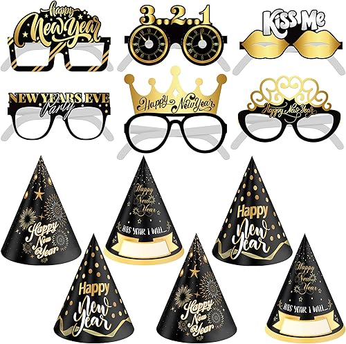 KatchOn, Juego de sombreros y lentes para fiesta de Año Nuevo, paquete de 12, decoraciones de Año Nuevo 2024, sombreros de Año Nuevo, gafas de Año