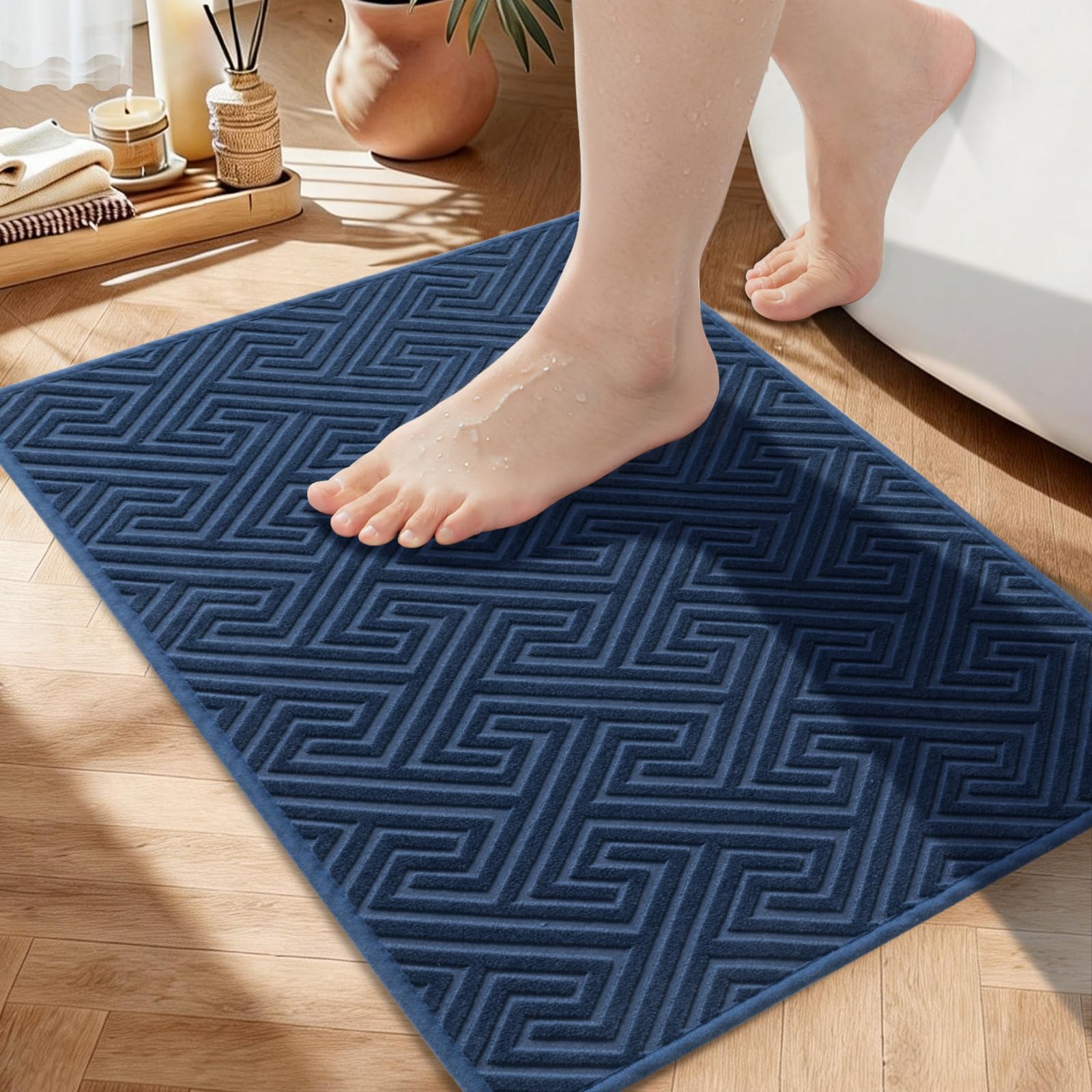 YIHOUSE Navy Blue Bathroom Rugs 17x24 Quick Dry Non Slip Bath Rug Absorbent Machine Washable Thin Bath Mat