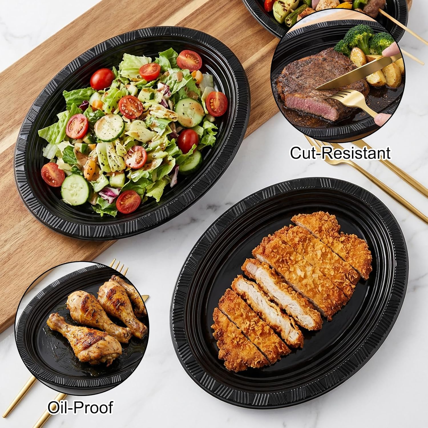 100pcs Black 12 Inch Oval Plastic Plates, Disposable Heavy Duty Oval Serving Platters, Large Plastic Oval Dinner Plates for Wedding, Anniversary, Dinner Party, Catering, BBQ & Holiday Gatherings