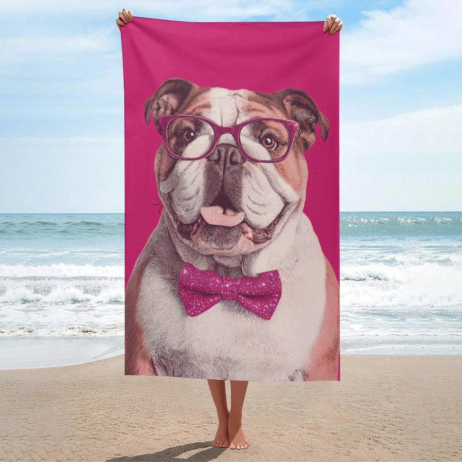 asbwuo Bulldog Wearing Glasses Pink Bow Tie Beach Towel