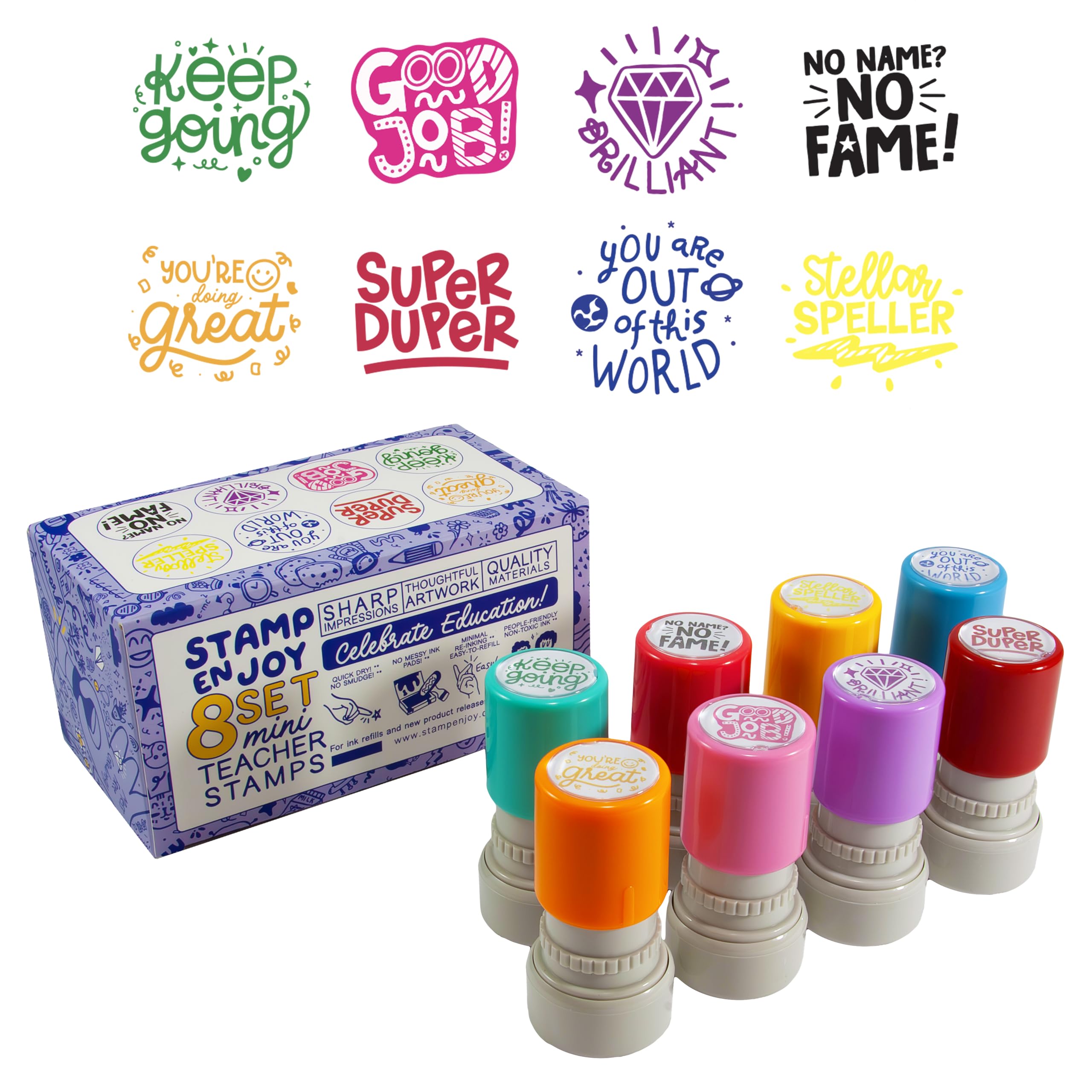 8 Self-Ink Flash Stamp Set, Multicolor Teacher Stamps for Classroom, Stamps for Teachers, Pre-Inked, Refillable Stamps (Inspiration Set v2)