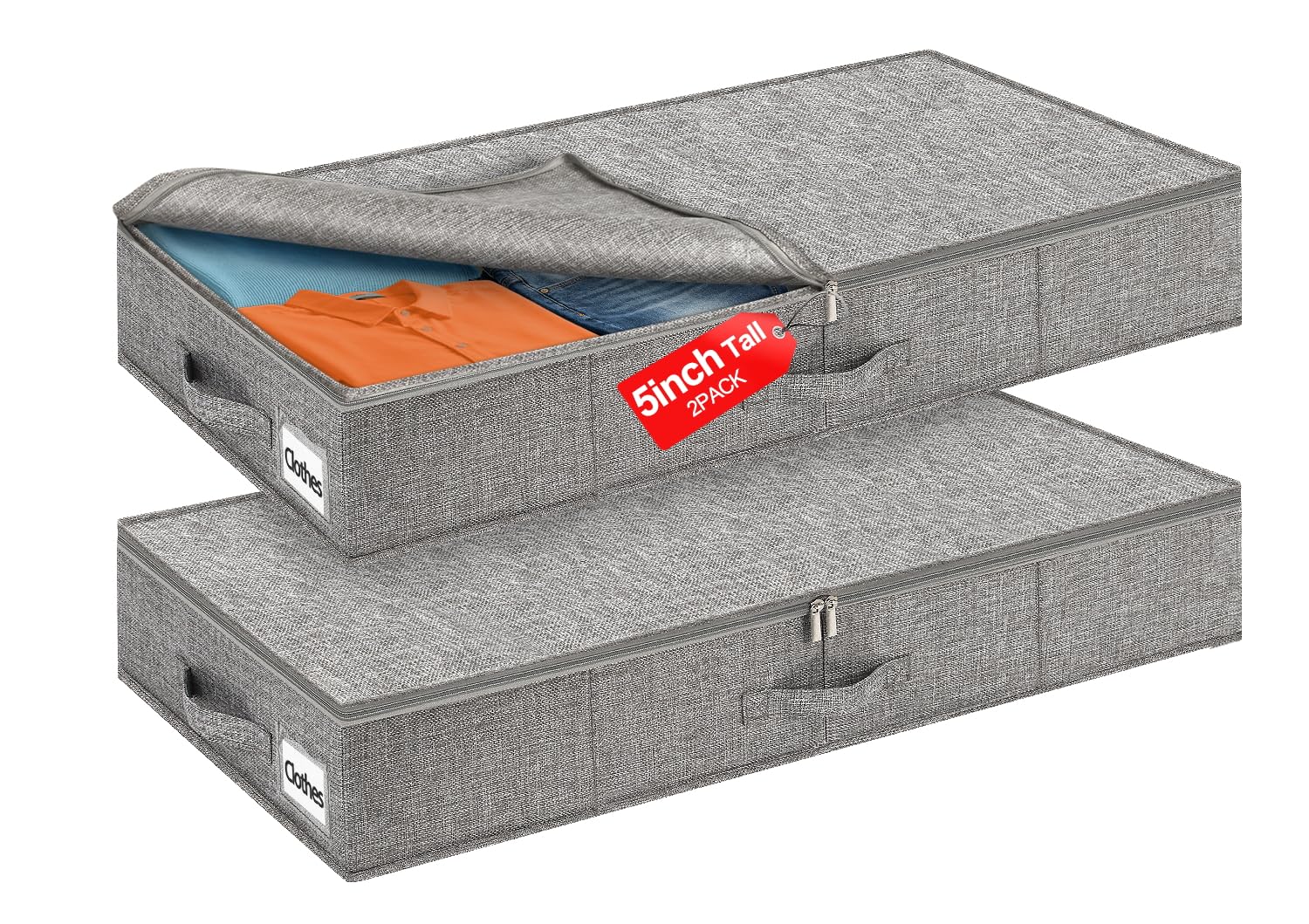 5 Inch High Under Bed Storage Containers 2-Pack, Low Profile Underbed Storage Bins with Rigid Structure, Clear Window & Handles, Foldable Organizer for Clothes, Blankets, Shoes, Bedroom & Dorm, Gray