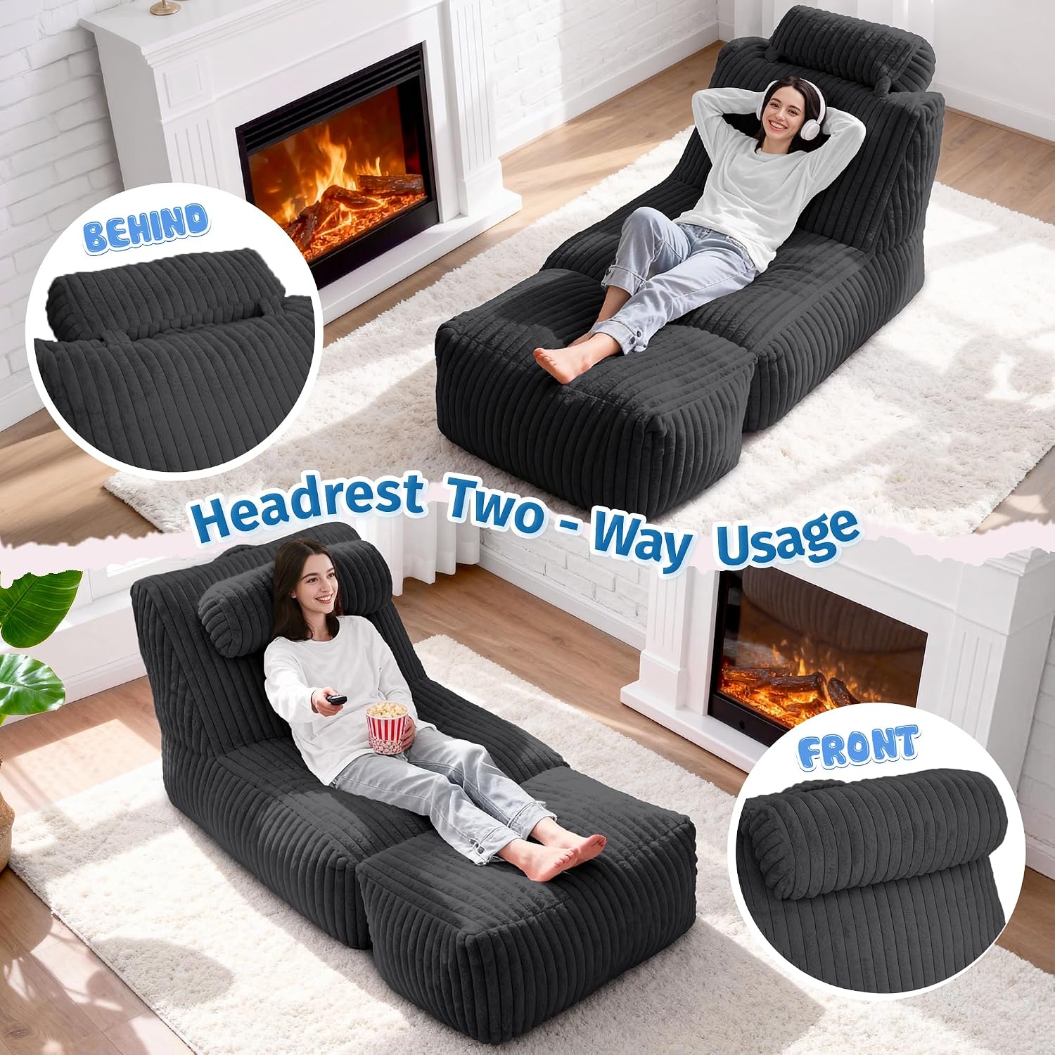 HABUTWAY Giant Bean Bag Chairs for Adults,Big Bean Bag Lounger with Removable Cover,Large BeanBag Chair with Ottoman&Storage Pocket,Memory Foam Filled Bean Bag Sofa for Living Room,Bedroom-Plush Black