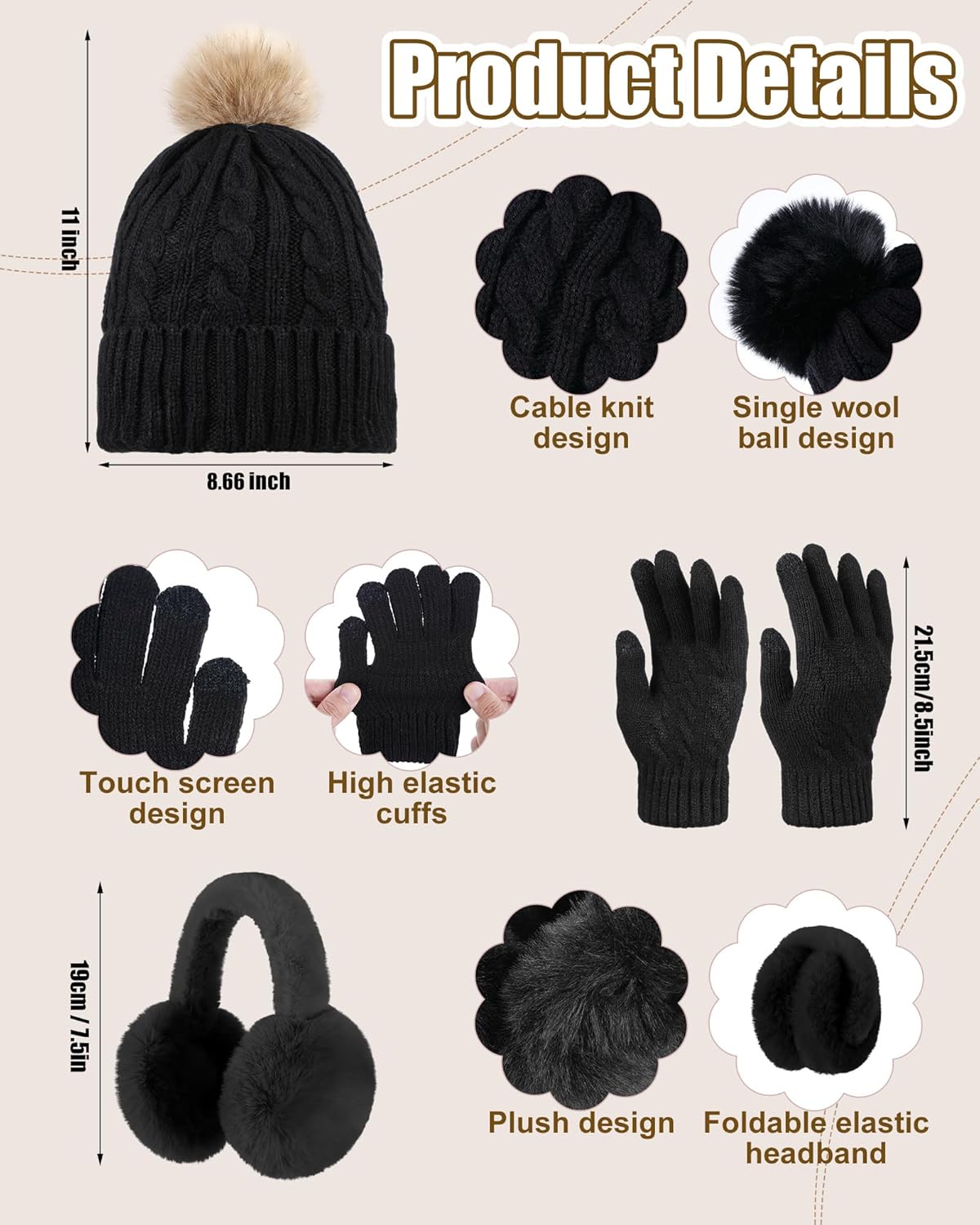 16 Pcs Women Hat Scarf Gloves Ear Muffs Set Winter Knitted Pom Beanie Hats Scarf Touch Screen Gloves for Men Adult Homeless - Image 2