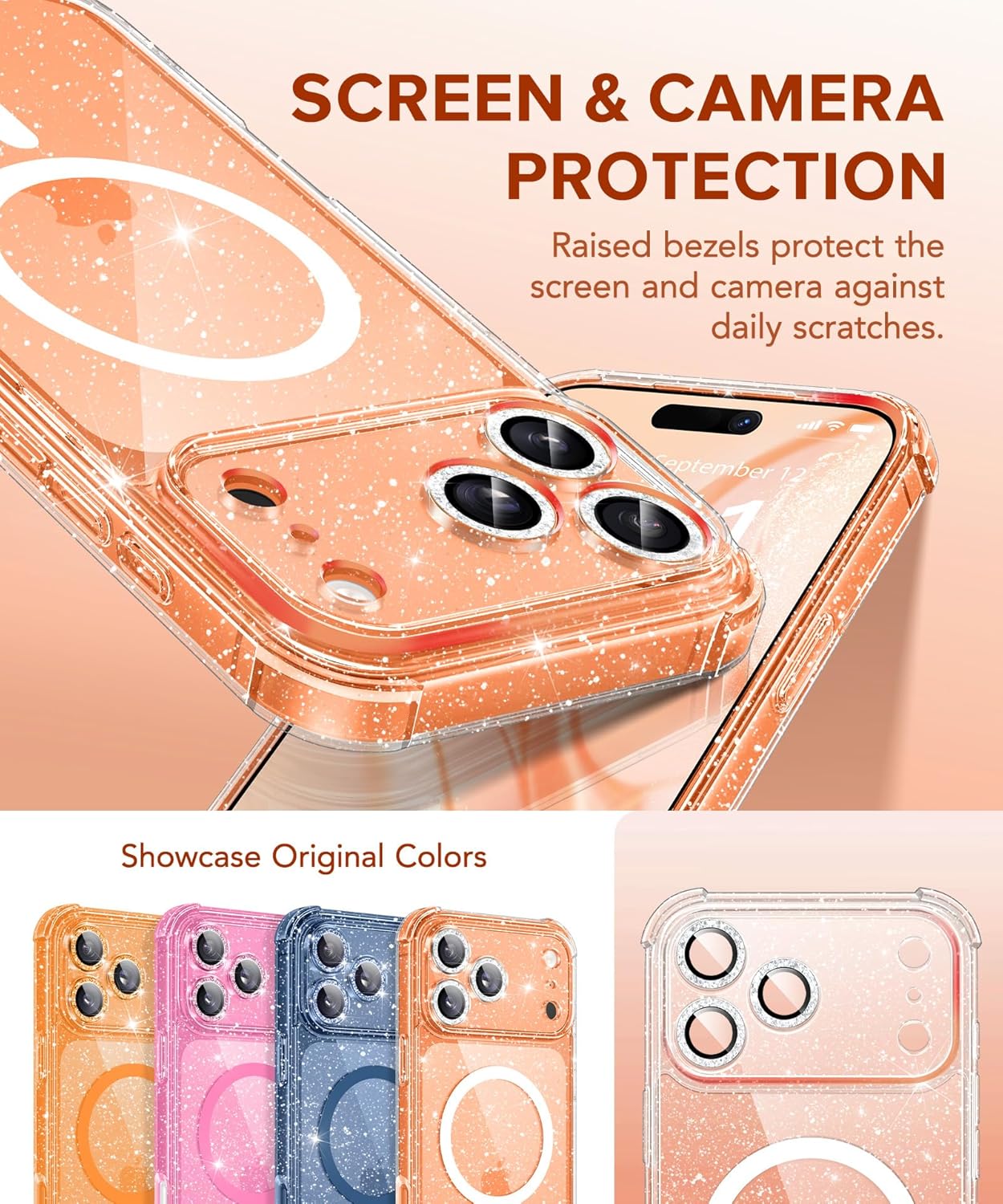 BERFY for iPhone 17 Pro Max Case for Women, Compatible with MagSafe, Clear Glitter Shockproof Protective Case, Anti-Yellowing, with Screen Protector & 3 Diamond Camera Lens Covers 6.9, Sparkle Clear