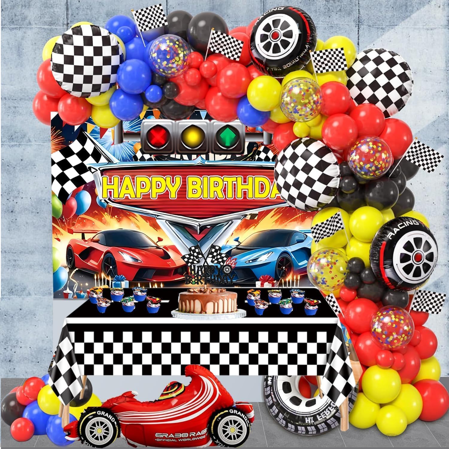 Cars Theme Birthday Party Decorations Set Including Race Car Backdrop, Balloon Garland, Tablecloth, Cake topper