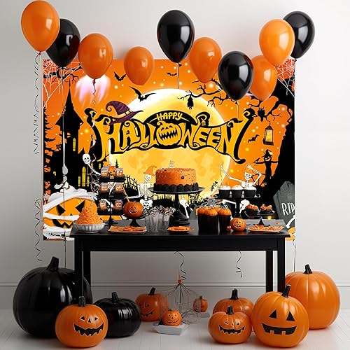 Miniatura 3 de Mocsick - Telón de fondo de Halloween para fotografía, noche naranja, luna, decoración de fiesta de Halloween, truco o trato, calavera, calabaza,