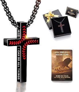Black Baseball Cross Necklace for Men, Philippians 4:13 Bible Verse