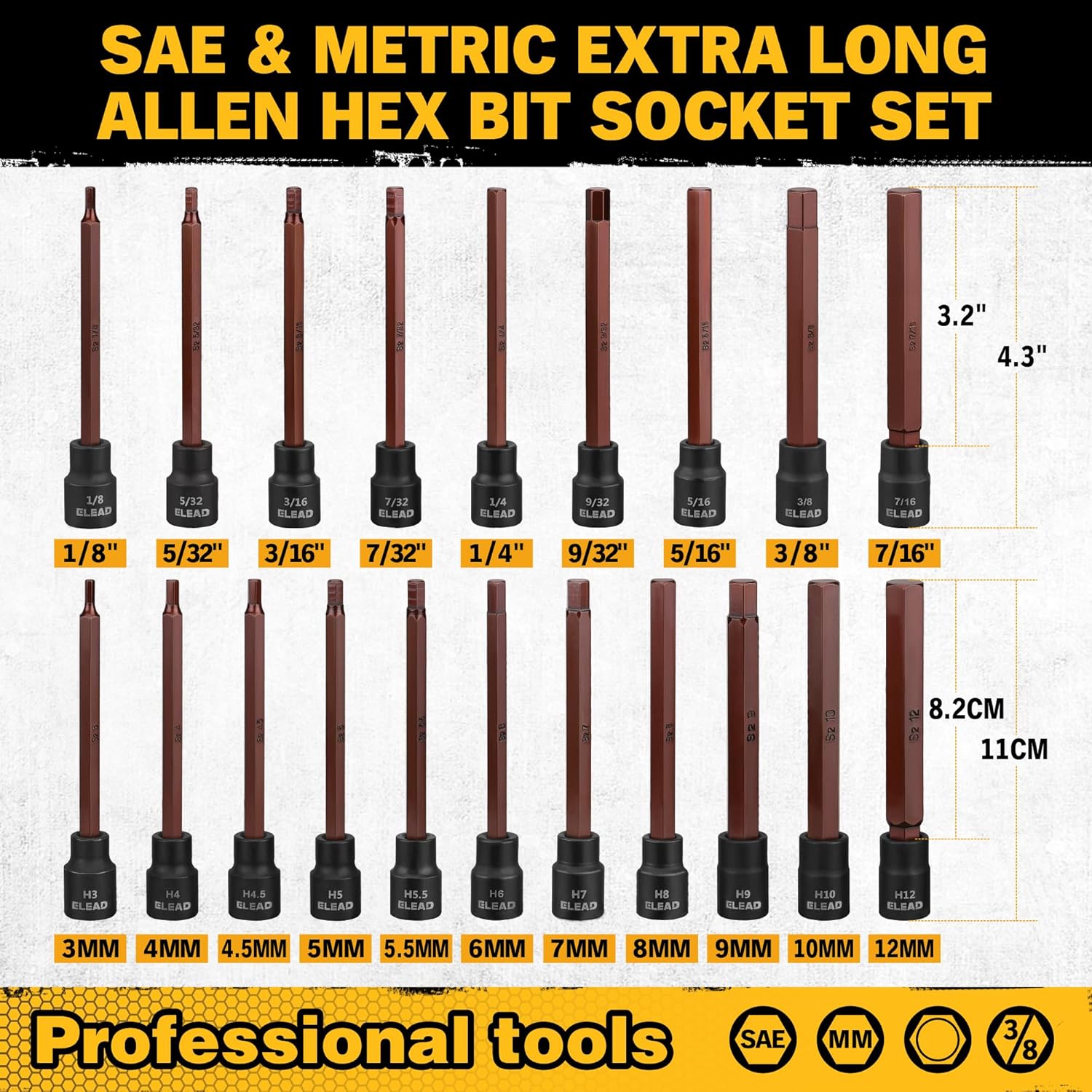 Extra-Long Allen Hex Bit Socket Set: 20-Piece 3/8 Inch Drive, 110mm S2 Steel, Standard SAE & Metric (1/8-Inch - 7/16-Inch, 3-12mm) for Impact Drills and Ratchet Wrenches