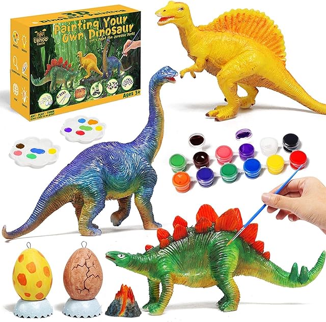 Lehoo Castle Dinosaur Painting Kit, Paint Your Own Dinosaurs Crafts for Kids, 3D Dinasour Gift for Boys with Dinosaur Egg, 12 Color Watercolor Paint, Kids Arts and Crafts Sets for Boys Girls Age 4-8