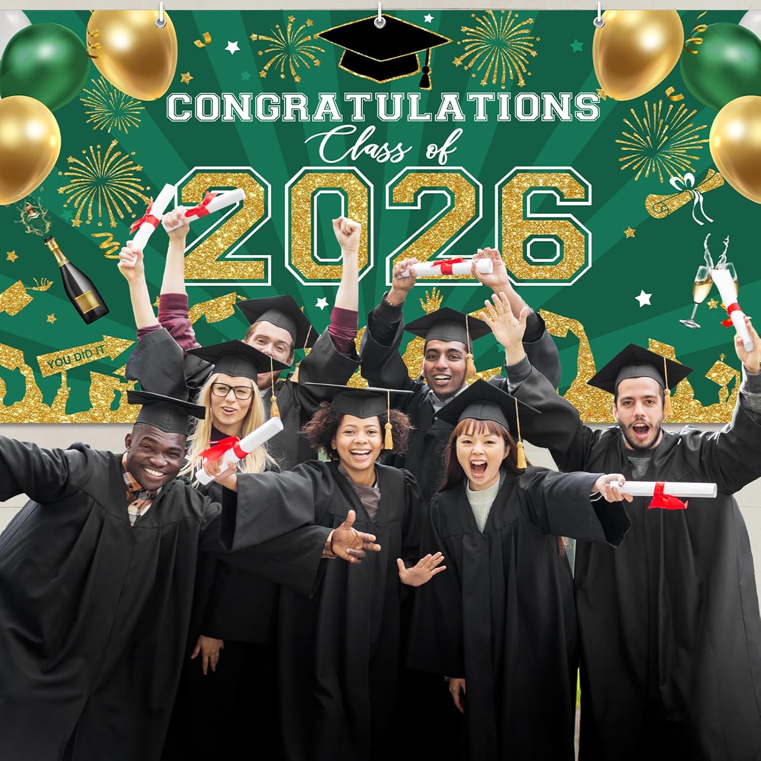 Avezano 2026 Graduation Garage Door Banner Congratulations Class of 2026 Garage Door Cover Backdrop Green Gold Congrats Grad Party Decoration Background 6 x 13 ft