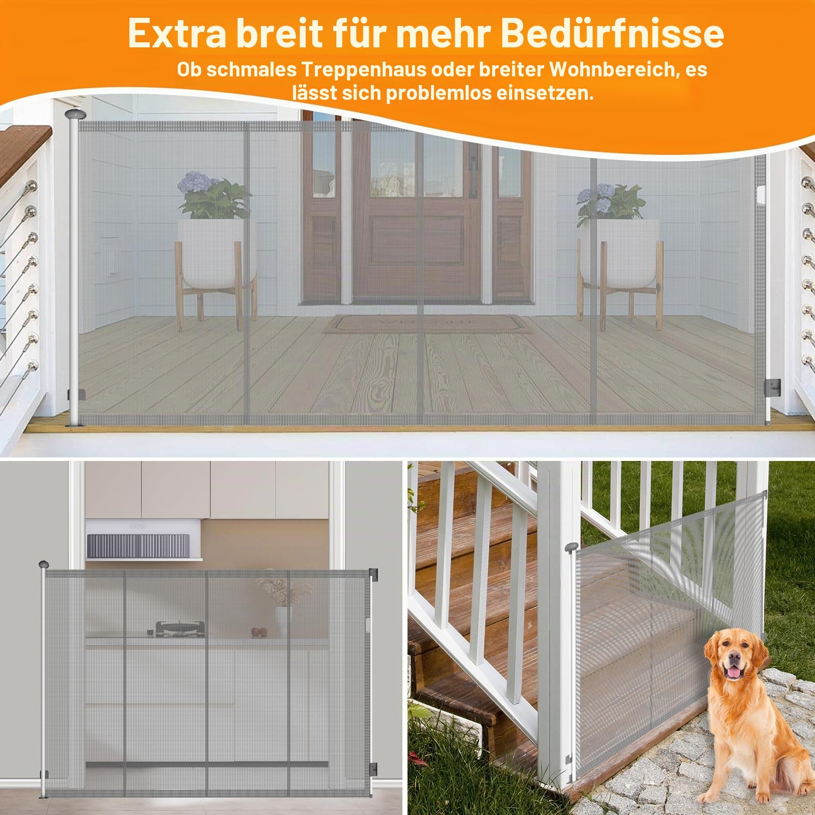 Treppenschutzgitter Ausziehbar Extra Hohes mit Verstärkte Faserstreifen,125cm Hoch Schutzgitter Baby, 200cm breit, Einziehbares Babygitterfür Hund, Babygitter & Hundegitter Einziehbares Tür