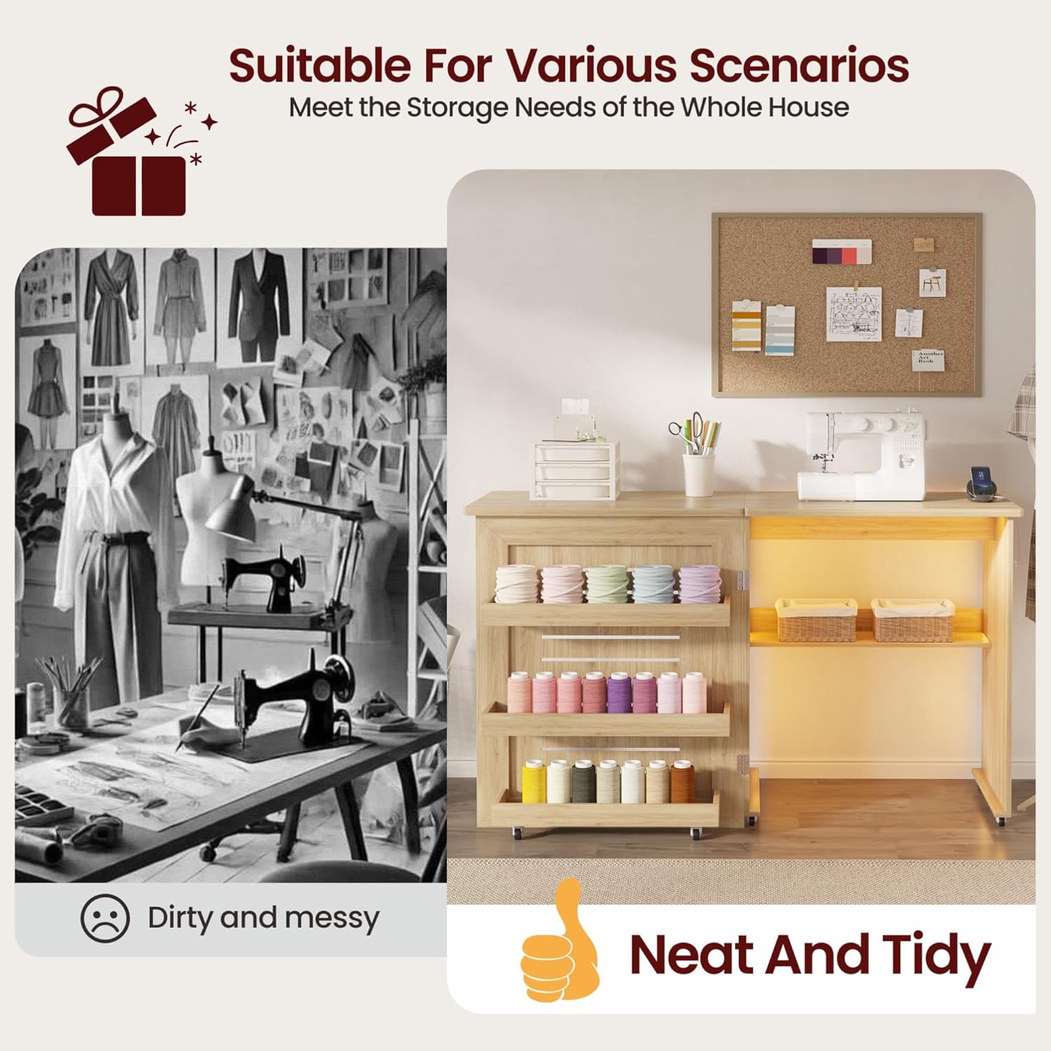 Natural Wood Color Sewing Table with ‌3-Color LED Lights, Motion Sensor, 2 AC Outlets & USB Ports‌, Foldable Craft Desk with Storage Shelves & 6 Rolling Wheels for Home DIY Projects