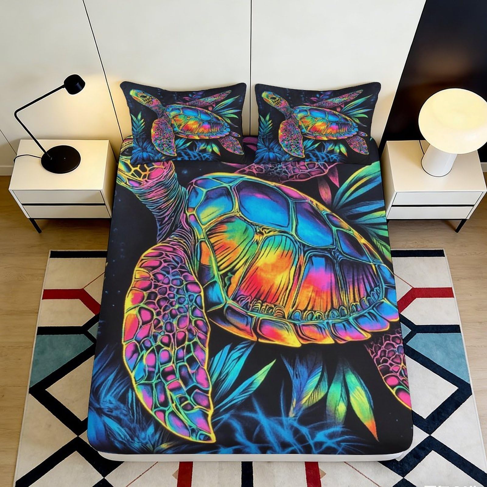 3D Printed Colorful Turtle Fitted Sheet Microfiber Soft Breathable Neon Turtle Mattress Cover for Bedroom Dormitory Guest Room Protection Decoration 120x200x25cm