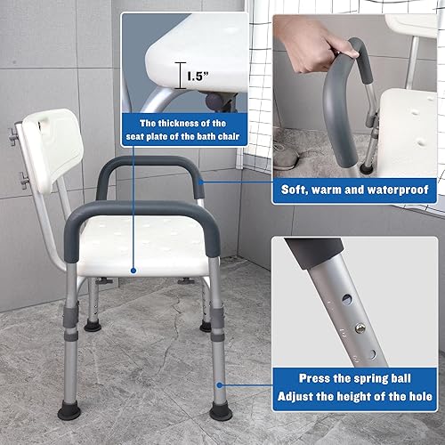 Miniatura 2 de IOVECOCO XIXI Silla de baño con brazos, asiento de ducha con respaldo extraíble, taburete de baño bariátrico, banco de ducha de seguridad con barra