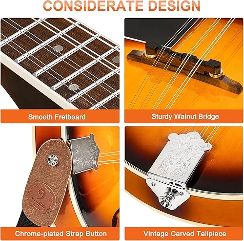 Miniatura 22 de Vangoa Instrumento musical de mandolina A Style, kit de instrumentos de mandolina acústica italiana de 8 cuerdas para principiantes profesionales