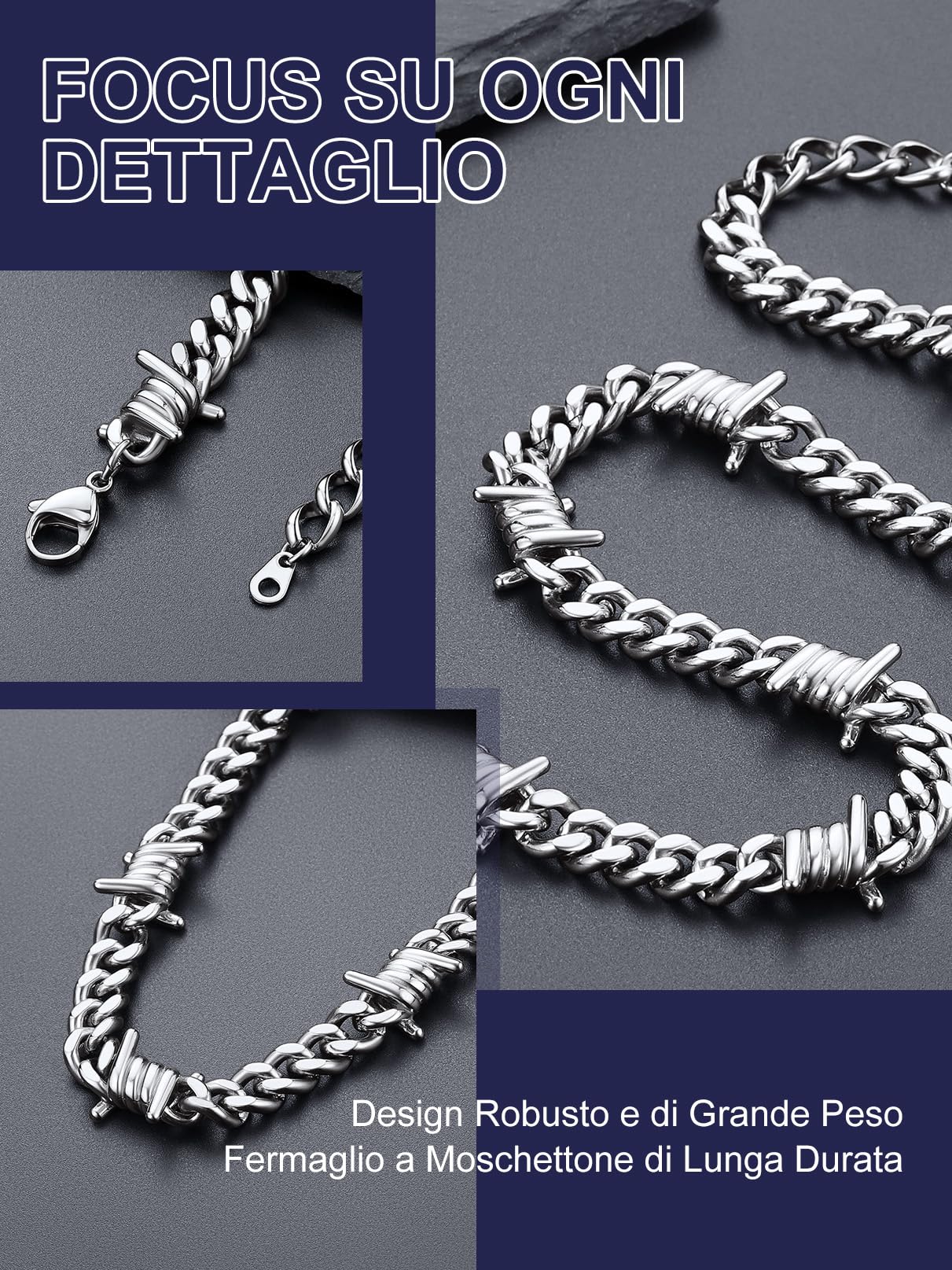 Bandmax Collana Uomo Catena Cubana con Spine - Larghezza 5/7/9/12 MM, Lunghezza 40-55 CM, Oro/Nero/Acciaio Inossidabile - Catenina Grossa Stile Hip Hop Punk per Uomini Donne Antiscolorimento