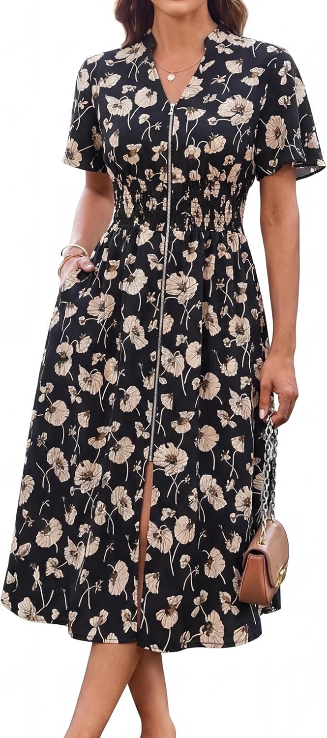 GRACE KARIN Womens Summer Maxi Floral Dress Casual 2026 Long Zipper Dresses Boho Flowy Beach Vacation Sundress with Pockets