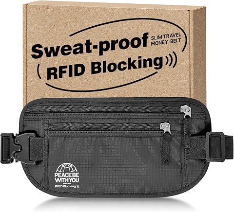 Money Belt for Travel, Passport Holder, RFID Blocking, Sweat-Proof, Black