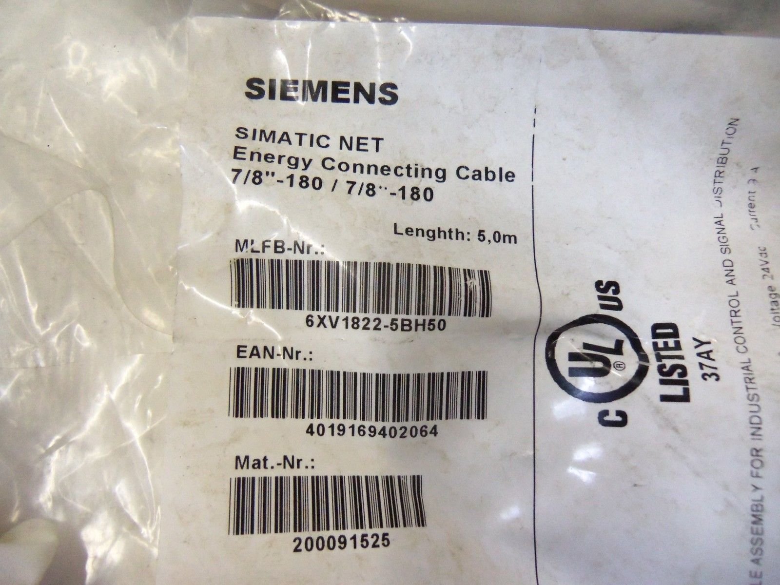 Câble 7/8 alimentation Siemens Simatic Net 200eco connecteur 5 pôles 5 m