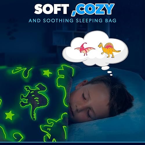 Miniatura 6 de liderstar Saco de dormir de dinosaurio – Saco de dormir acogedor para niños y niñas de 2 a 12 años – Diseño de dinosaurio que brilla en la oscuridad