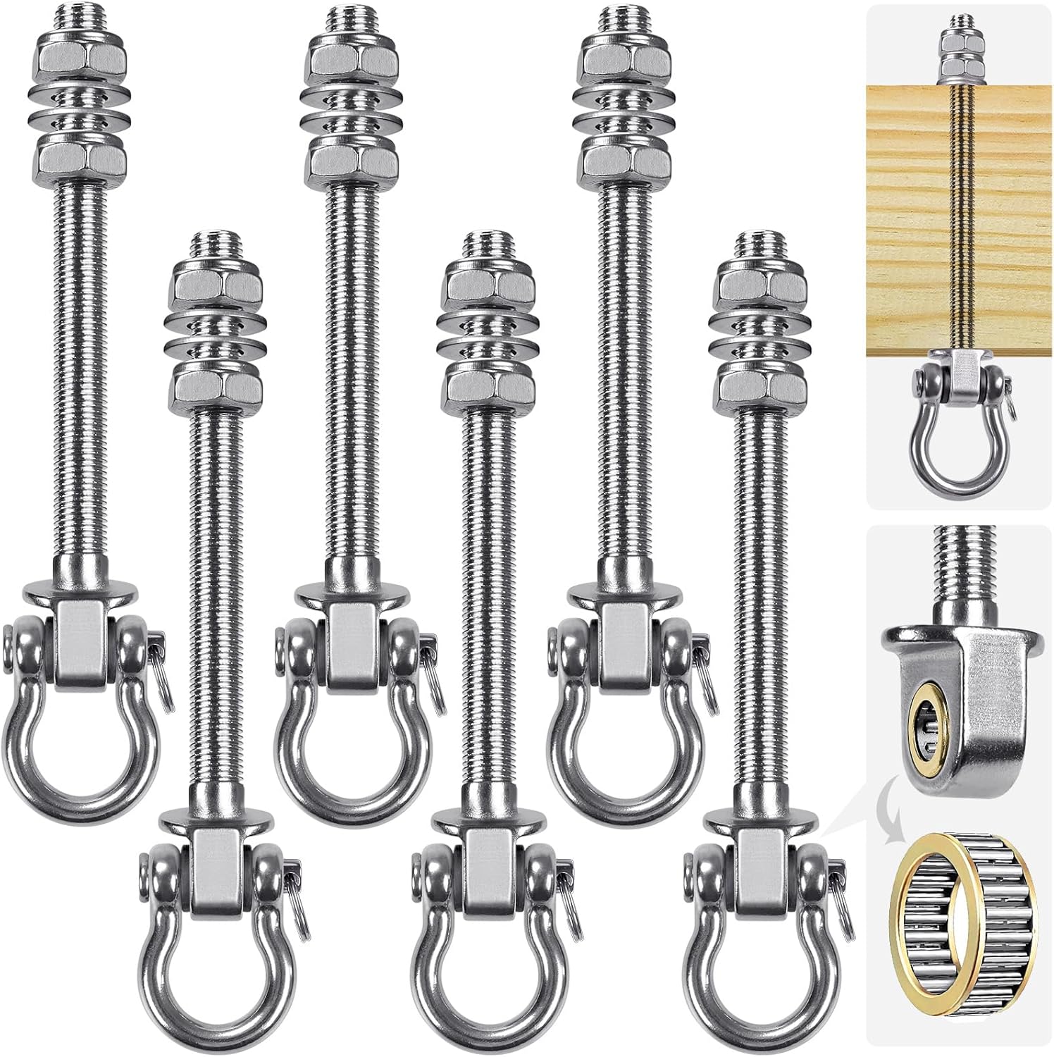 SELEWARE Heavy Duty Swing Hangers with Silent Bearings, 1500LB Capacity Stainless Steel Swing Hardware Kit (6 Pack), M10 x 9" Bolts for Wood/Steel Beams, Porch Swings, Yoga Hammocks, Gym Rings